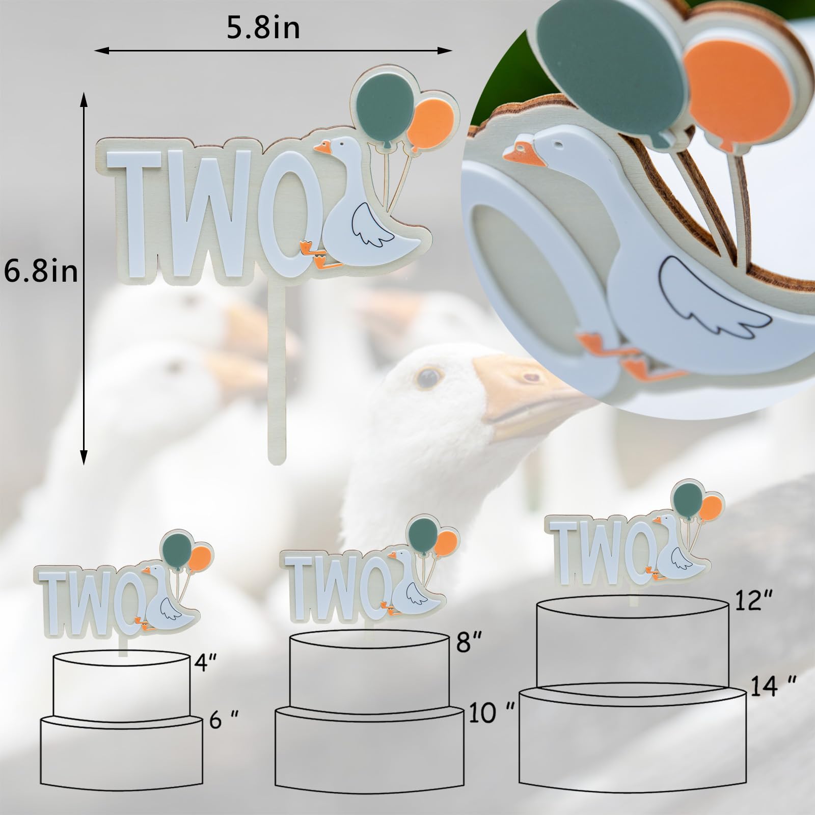 Wood Two Silly Goose Cake Topper - 2nd Birthday Decorations, Silly Goose Party Theme Supplies, Vintage Goose Second Birthday Decor, Wood And Acrylic Goose Topper, Smash Cake Photo Props