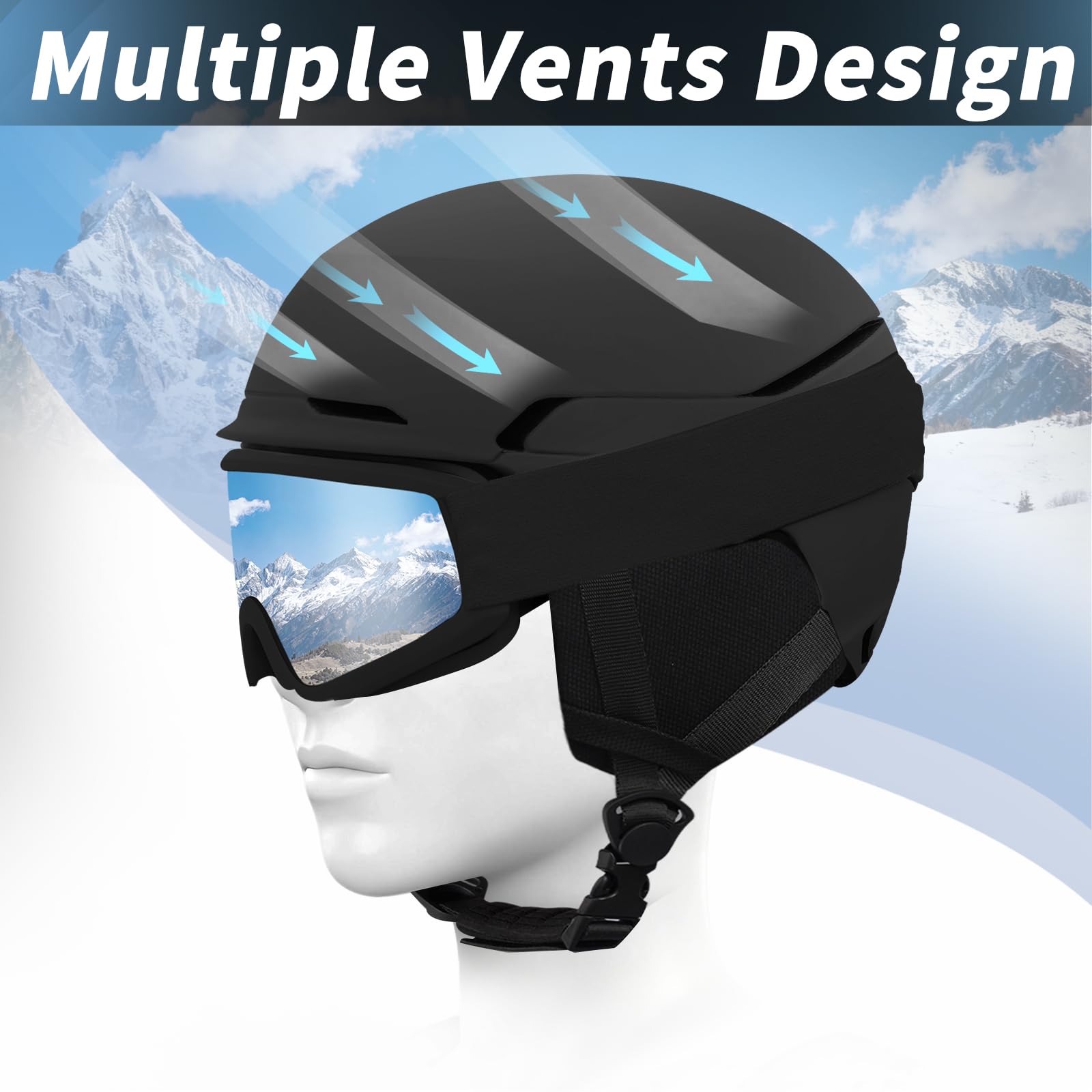 VCOROS Skihelm mit Skibrille Skimaske,DXH811 Skihelme für Unisex mit Abnehmbare Ohrpolster Atmungsaktiver Belüftungssystem UV Verstellbarer Snowboard Helm für Skifahren