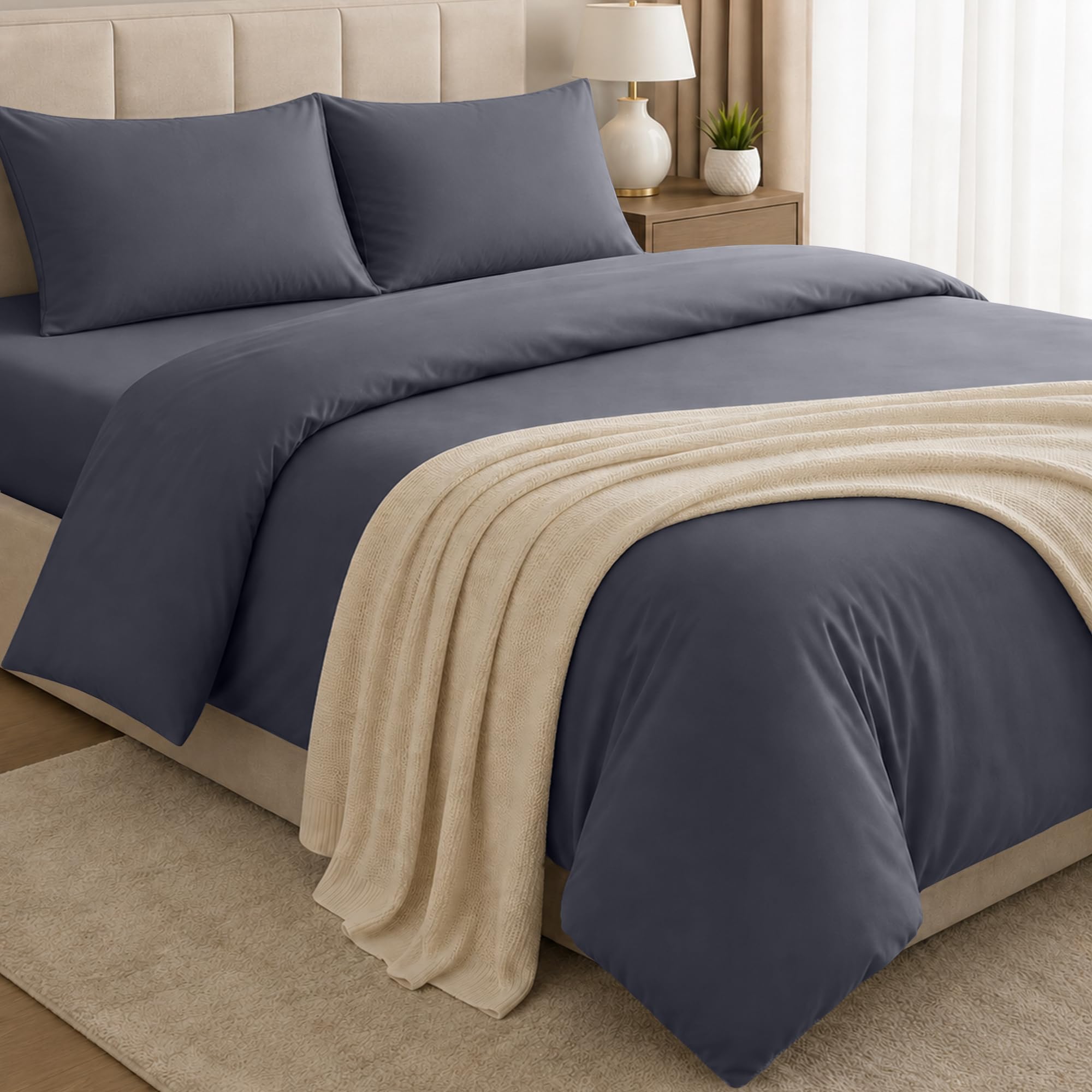 BEDIO Charcoal (4 Piece) King Bedding Set - Duvet Cover, Fitted Sheet with 2 Pillow cases - Soft Brushed Microfiber Set