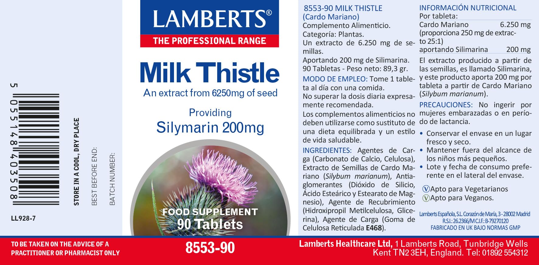 Lamberts Cardo Mariano 6250 mg | 90 Tabletas | Una al Día | Aportando 200 mg de Silimarina | Extracto Estandarizado 25:1 | Calidad Farmacéutica GMP