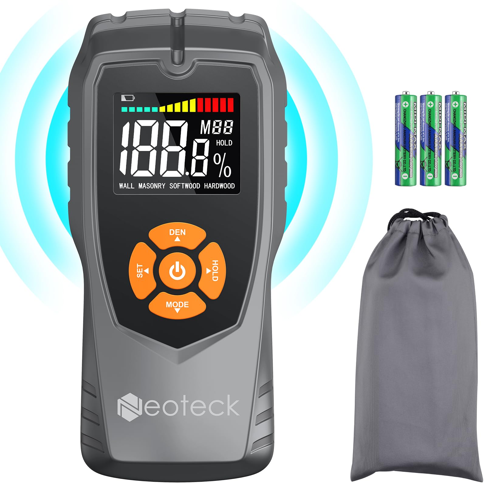 Neoteck Misuratore Umidità Legno con Display LCD Misuratore di Umidità Muri Funzione Allarme Sonoro Igrometro Professionale Senza Ago Rivelatore di Umidità per la Misurazione di Muri Legno Tenero/Duro