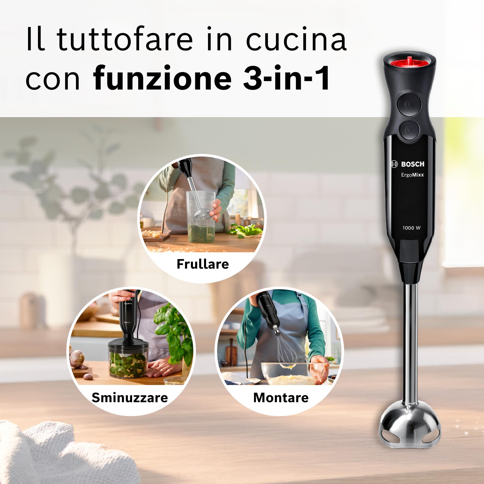 Bosch Frullatore a Immersione MS61B6150, 1000 W, Impugnatura Ergonomica, Lama a 4 ali Acciaio Inox,12 Velocità e Funzione Turbo, Accessorio Tritatutto e Frusta, Bicchiere Graduato, Nero
