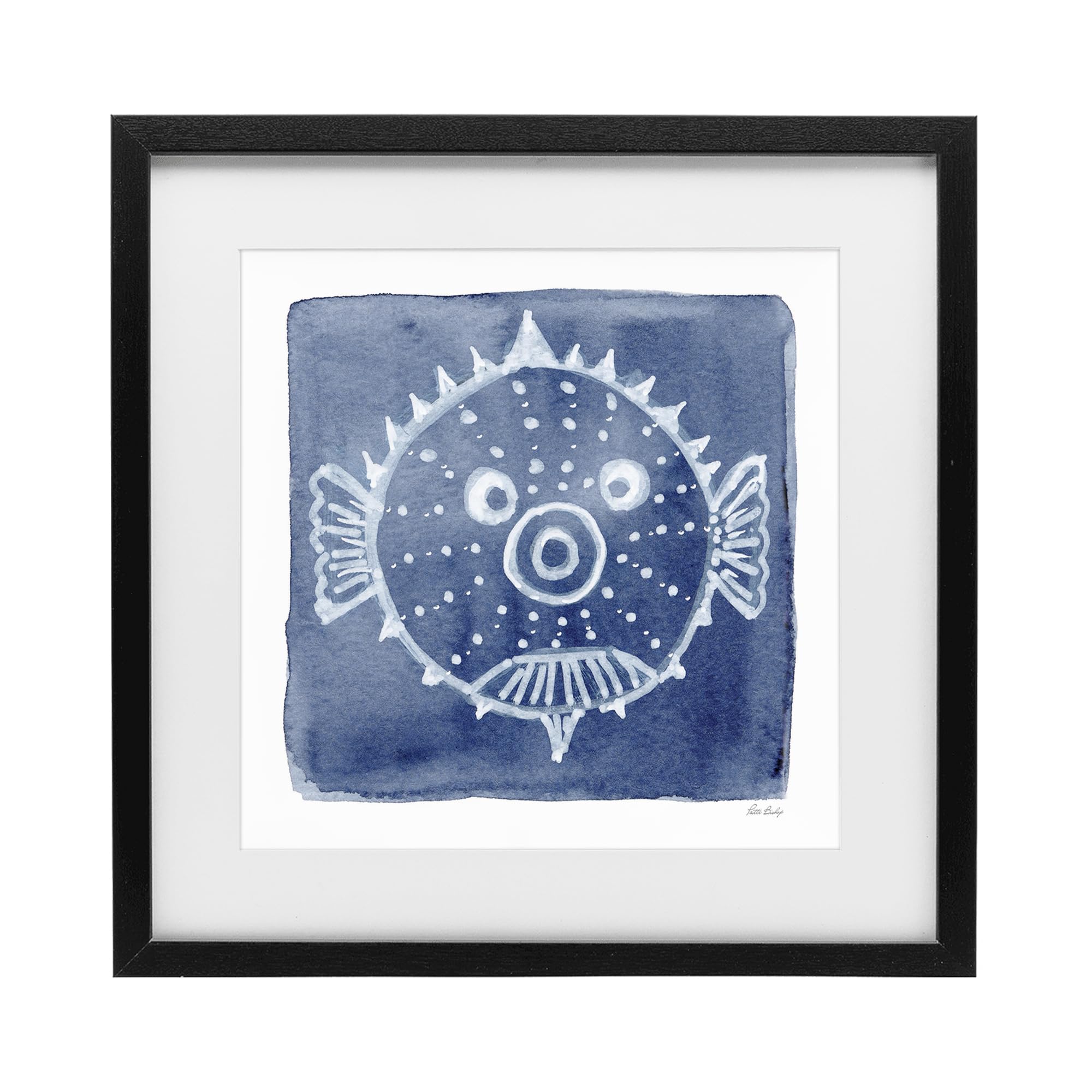 Stupell Industries Midnight Black (Textured) Whimsical Blow Fish Nautical, 16 X 16 Inch Framed Print Under Glass