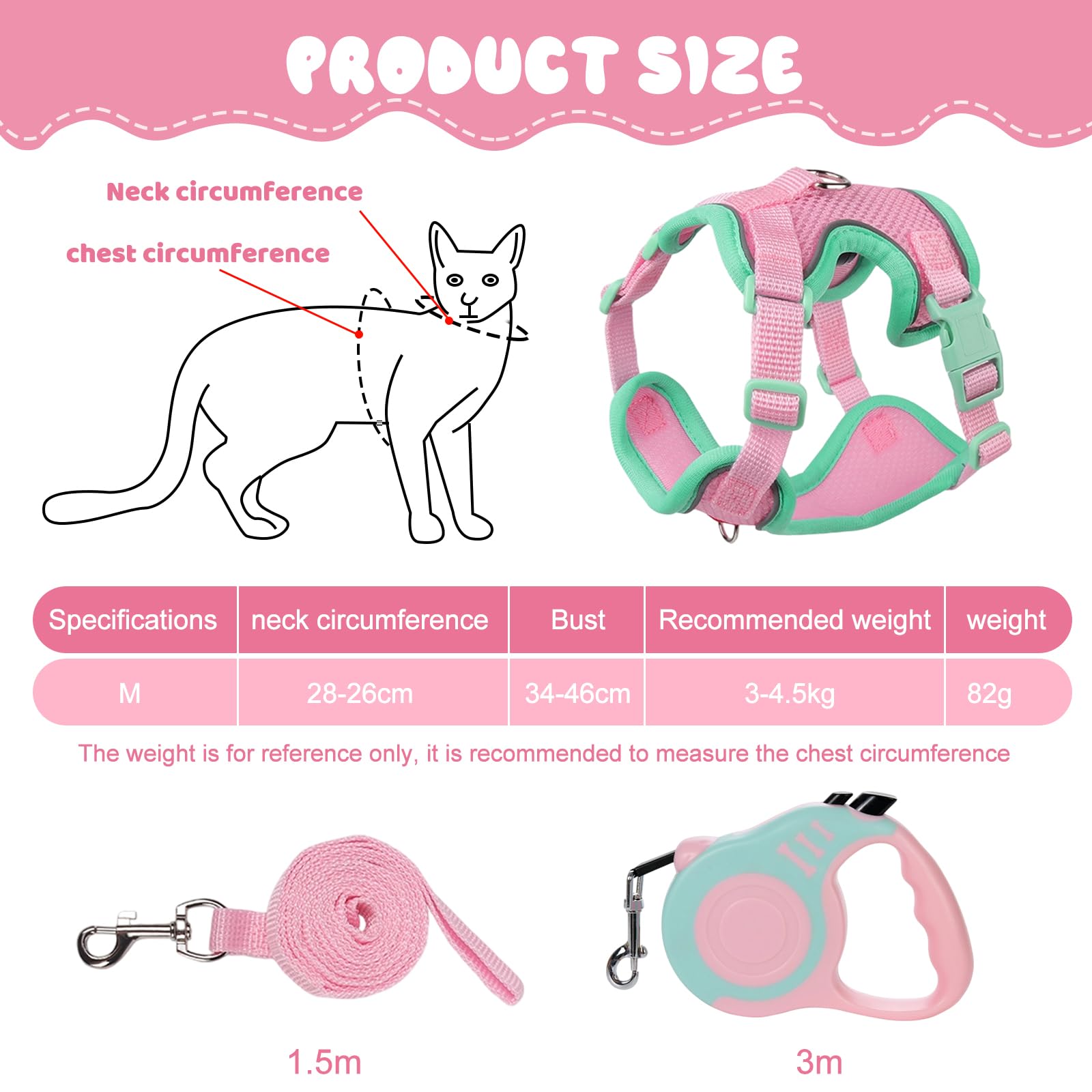 Harnais Chat avec Rétractables Laisse pour Chat, Reglable Harnais Chaton, et 3m Laisse Chat Rétractables, pour Chat Petit Chien Rose