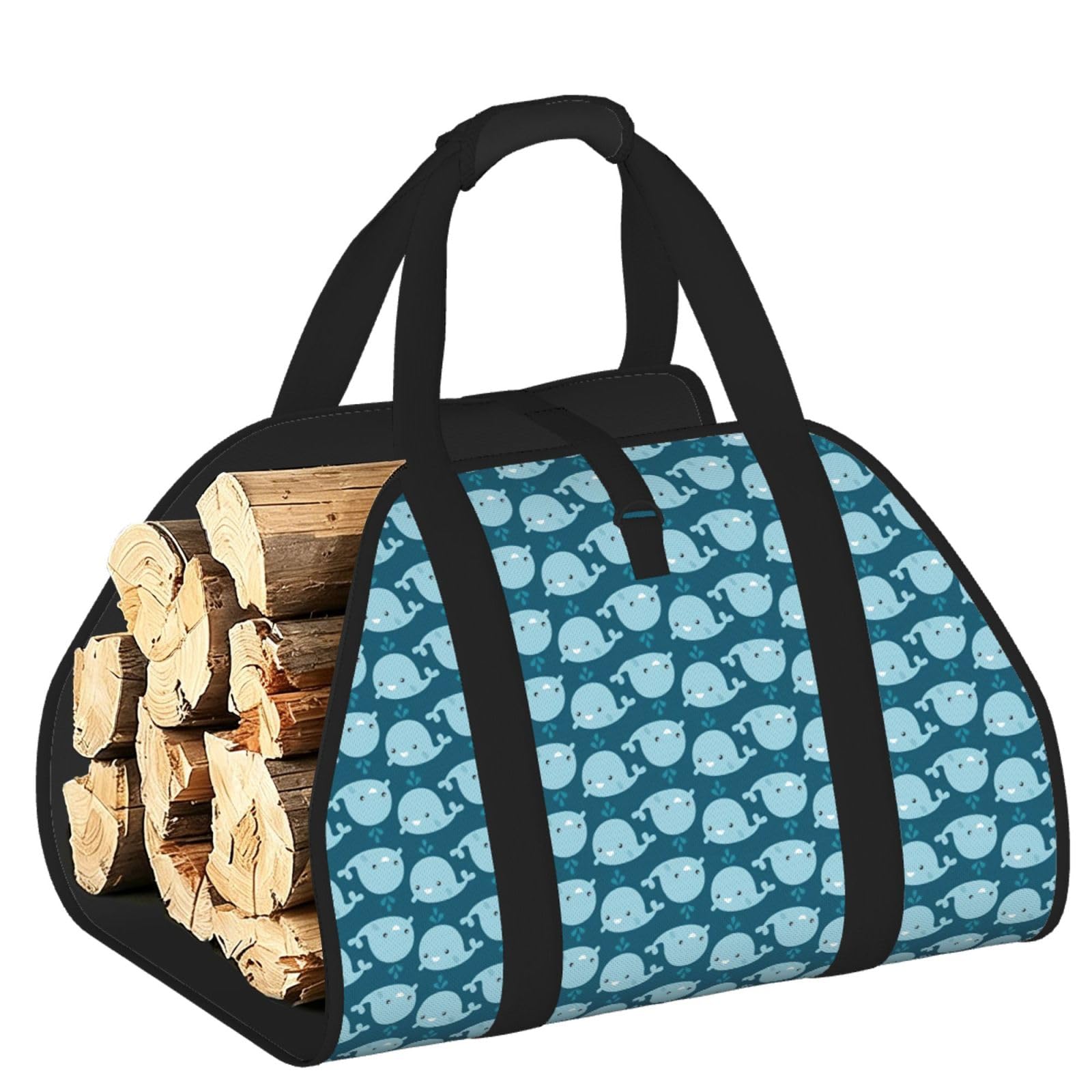 Ayyqwe Black Cartoon Whales Background Print Firewood Bag Wood Waterproof Versatile Camping Picnic Storage Daily Home