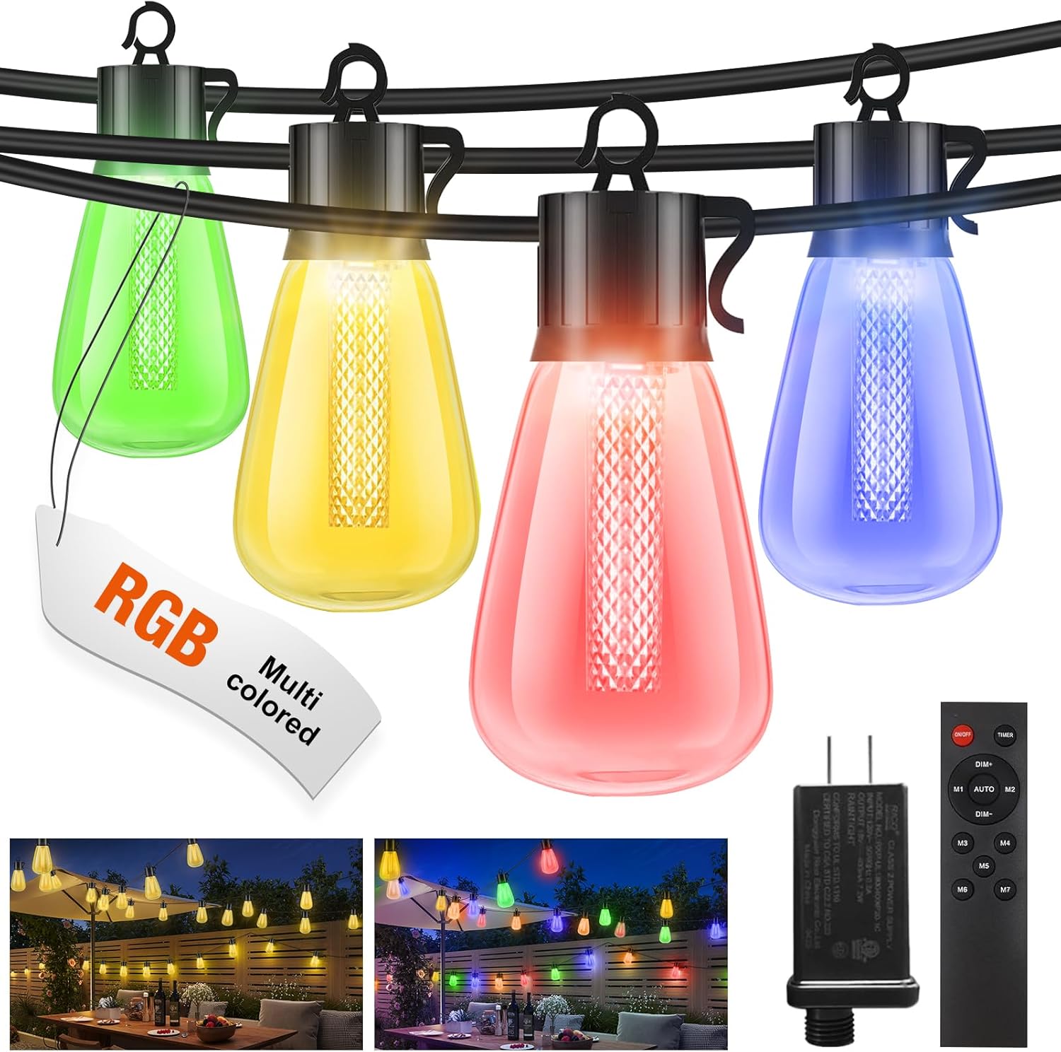 litogo 120FT RGB Patio Lights with Remote, Dimmable LED Outdoor String Lights with Shatterproof Edison Bulbs, Waterproof Hanging Lights with Timer for Outside Backyard Gazebo Holiday Party