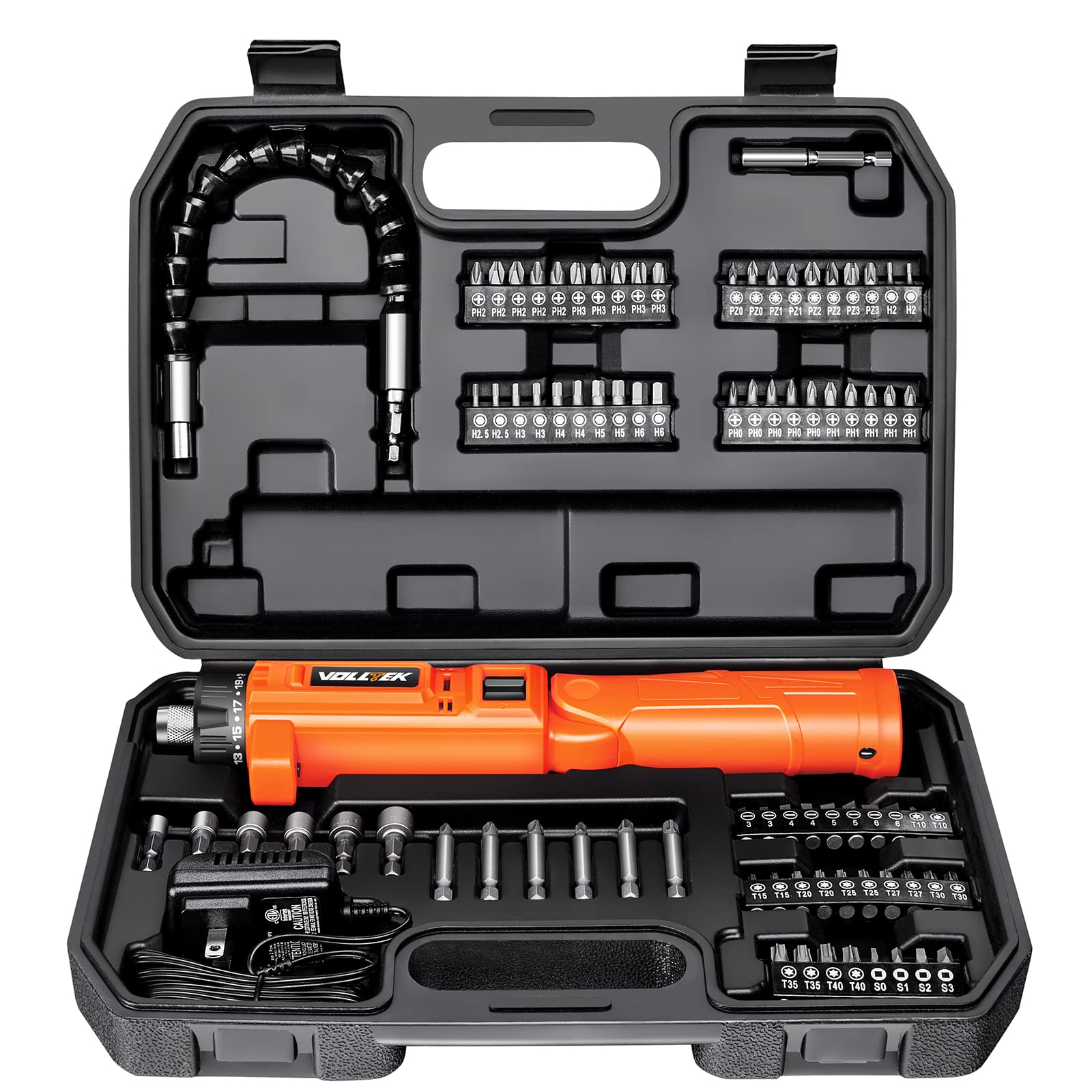 Volltek Cordless Screwdriver, 8V Max 10Nm Electric Screwdriver Rechargeable Set with 82 Accessory Kit and Charger in Carrying Case, 21+1 Cluth, Dual Position Handle, LED Light, VTCD2623