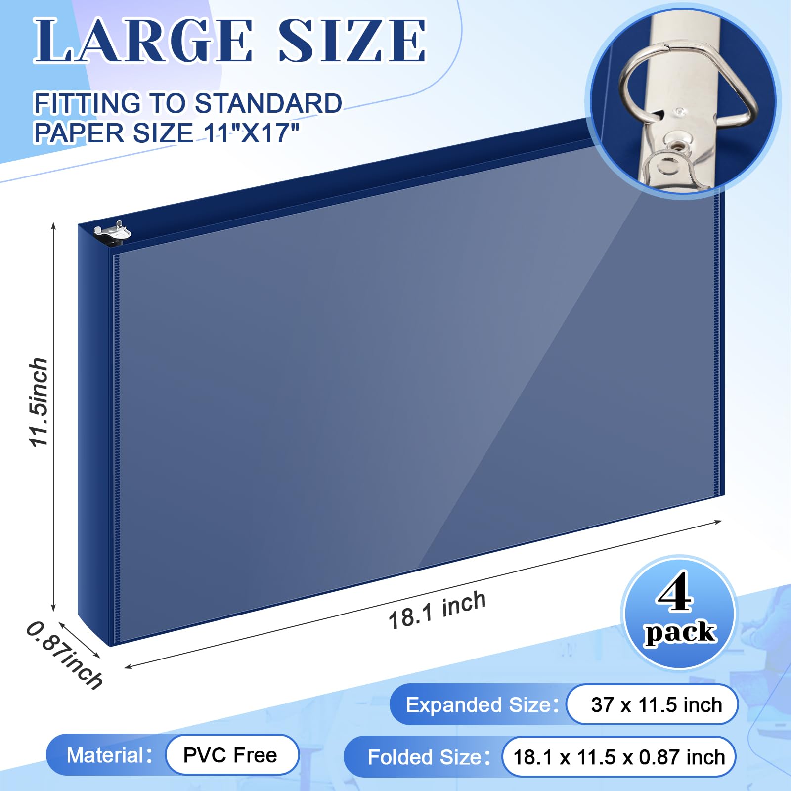 4 raccoglitori ad anelli a D resistenti, con tasca di copertura, 28 x 43 cm, 3 anelli, per progetti artistici, ufficio, casa, luoghi di lavoro (blu)