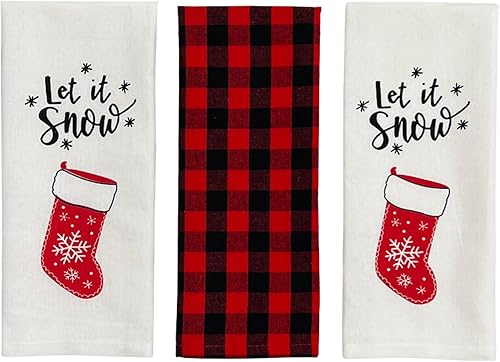 Miniatura 2 de Serafina Home Toallas de cocina navideñas navideñas dos (2) Let it Snow Flatweave y una (1) Estampado de país a cuadros Negro Rojo 3 piezas