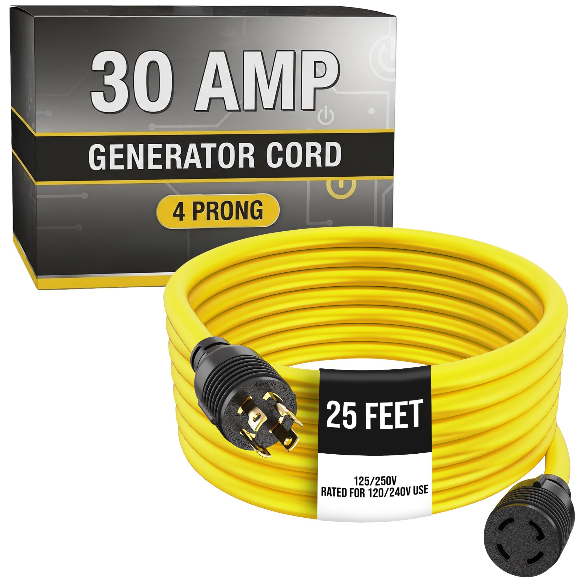 Houseables 30 Amp Generator Cord, Generator Cord, NEMA L14-30P to L14-30R, 30 Amp Extension Cable, 125/250V for 240V Use, 240 Volt, 30amp Power Wire, 4 Prong Plug, Dryer, UL CUL, 10 Gauge, 7500W, 25FT