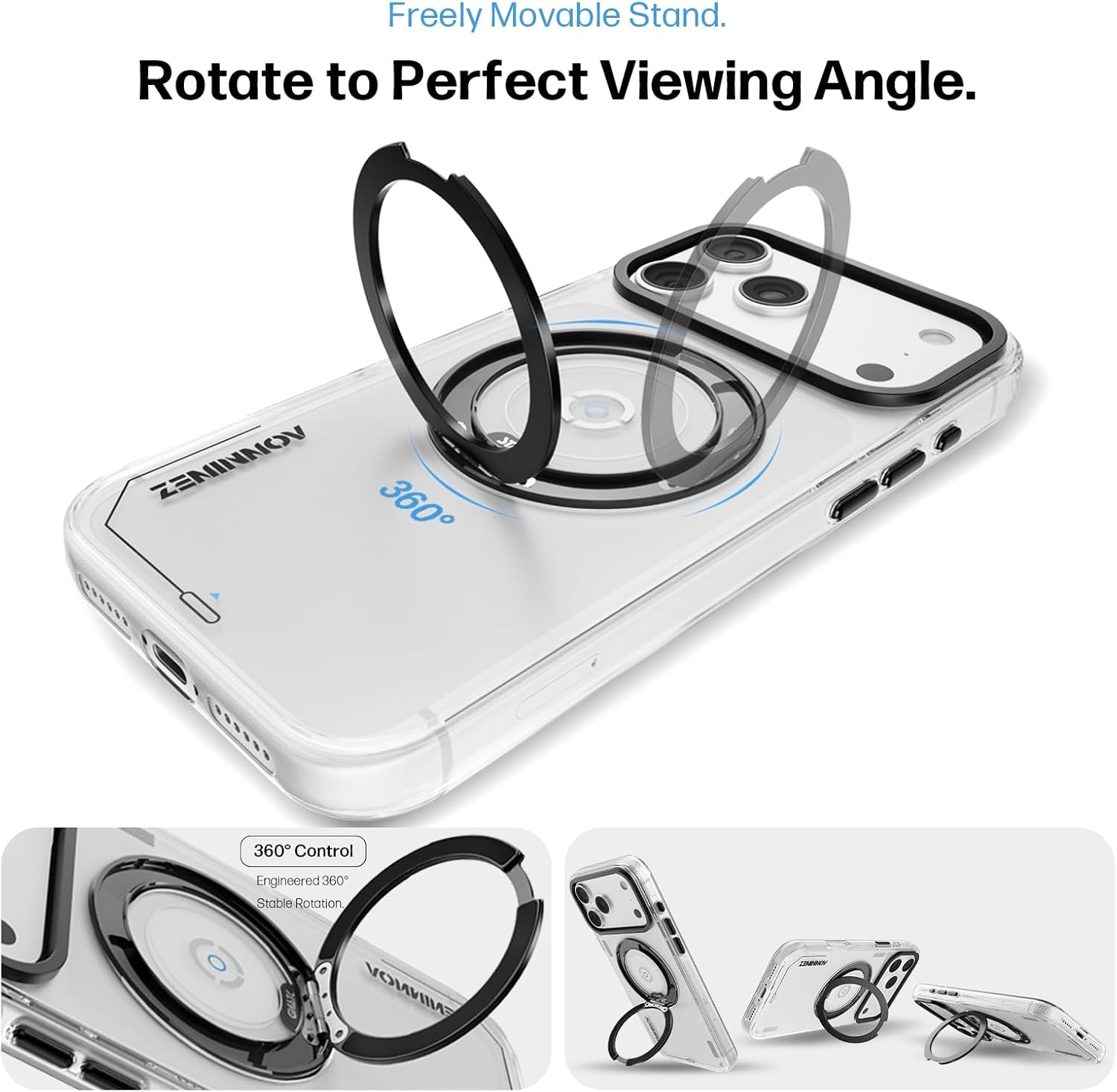 Designed for iPhone 17 Pro Max Case with 360°Rotatable Magnetic Stand [Compatible with MagSafe] [Military Grade Shockproof] Slim Phone Case with Ring Kickstand - Translucent White