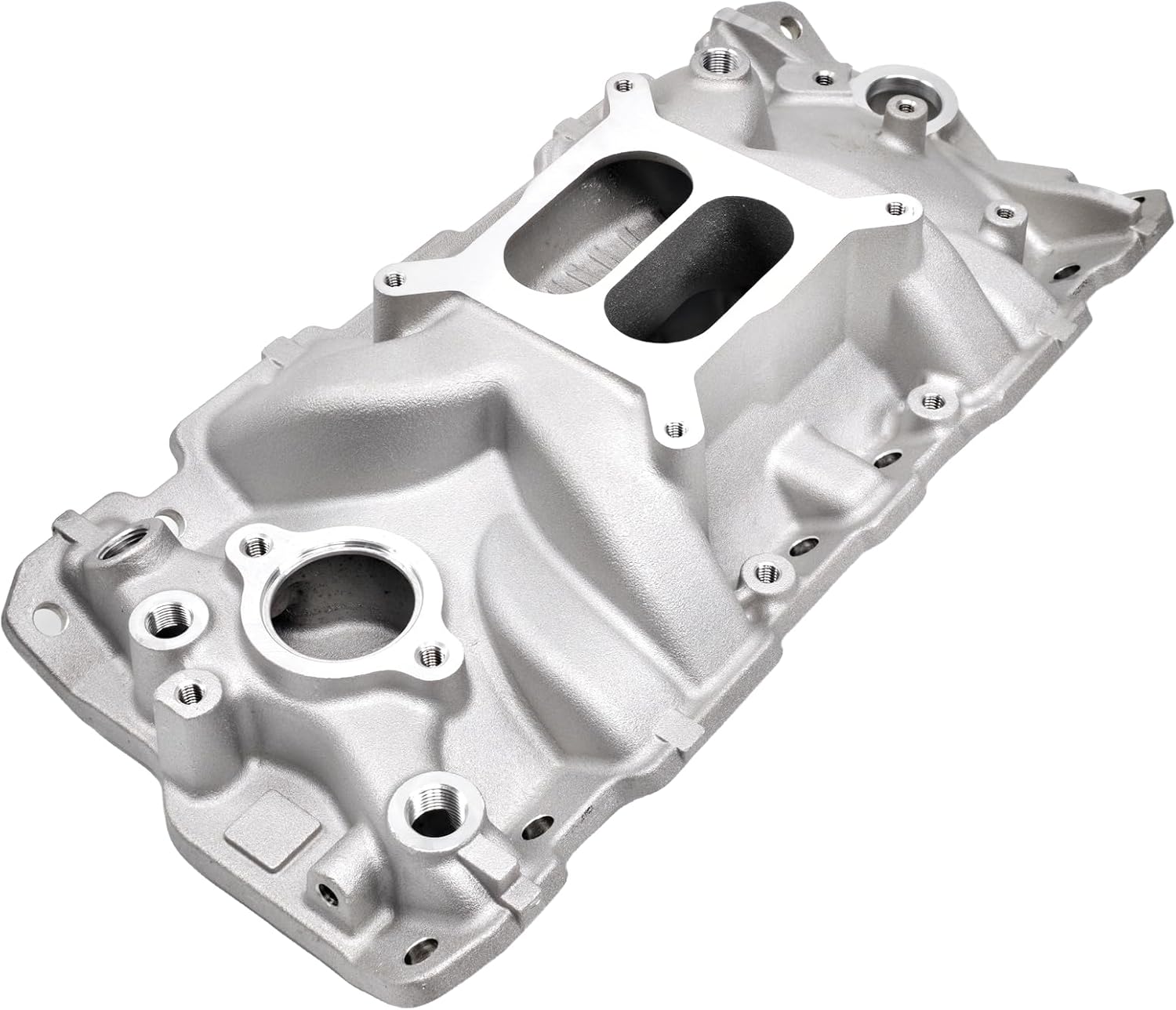 Dual Plane Intake Manifold Aluminum Compatible with Chevy Small Block SBC 305 327 350 383 1955-86 262-400 V8 Engine Silver Replaces# 2701 7101 Intake Manifold