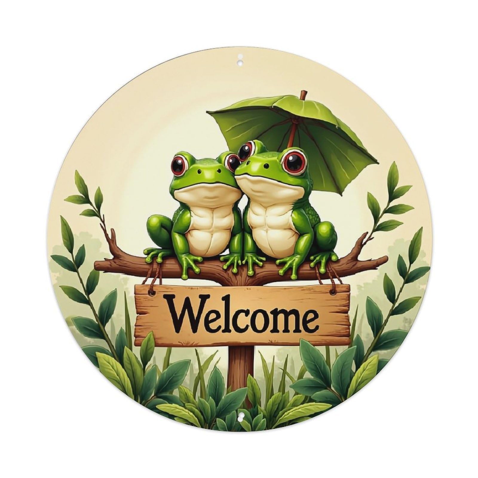Frogs Under Umbrella Welcome Sign Retro Metal Sign Round Tin Sign, Vintage Decor Art Poster for Bar, Home, Man Cave, Kitchen, Laundry Room Gift 8x8Inch