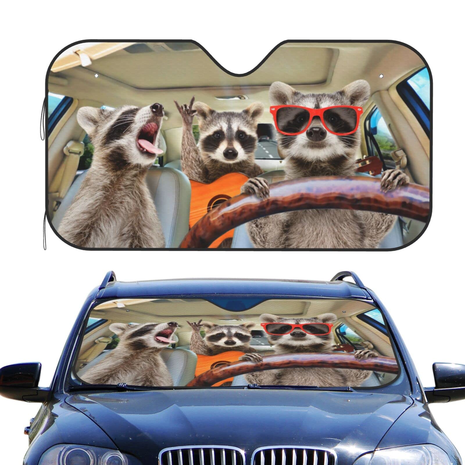 Car Front Window Sunshade, Three Funny Raccoon Foldable Auto Windshield Sun Shade Uv Heat Sun Visor Protector-Keeps Your Vehicle Cool- Medium