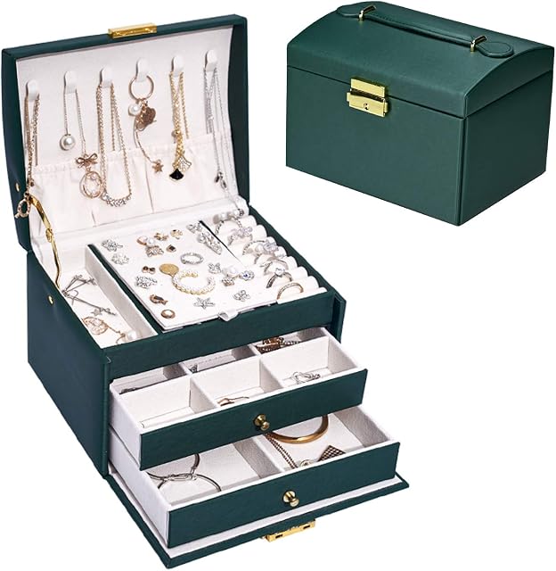Podazz Women's Jewelry Orgnizer Leather Jewelry Box Case Storage Organizer with Mirror Earring Necklace,Ring Display Christmas Xmas Mother's Day Birthday Gift for Wife Mother Girl (Green)
