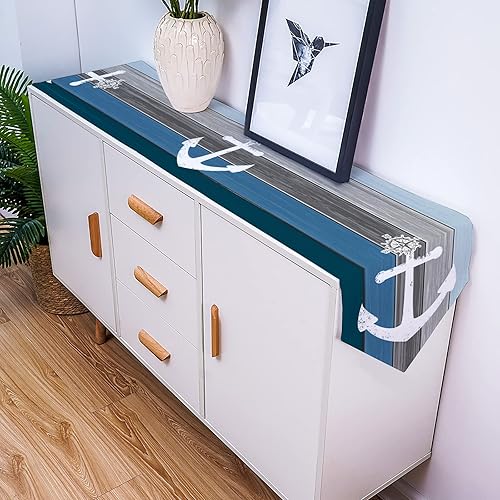 Miniatura 4 de Camino de mesa náutico con ancla para aparador, bufandas con temática oceánica, rayas náuticas, vintage, grano de madera, gris y azul, caminos