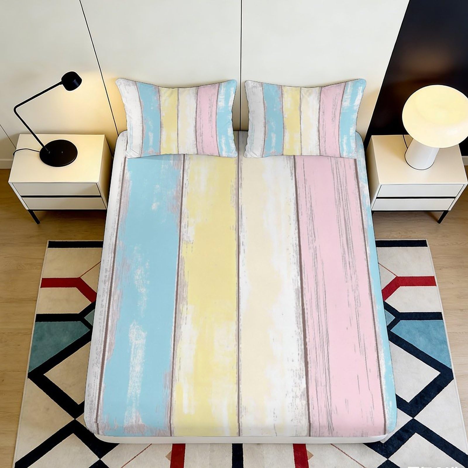 3D Printed Pastel Stripe Fitted Sheet Microfiber Soft Bedroom Decor Mattress Cover for Adults Teens Dorm Room 90x200x25cm