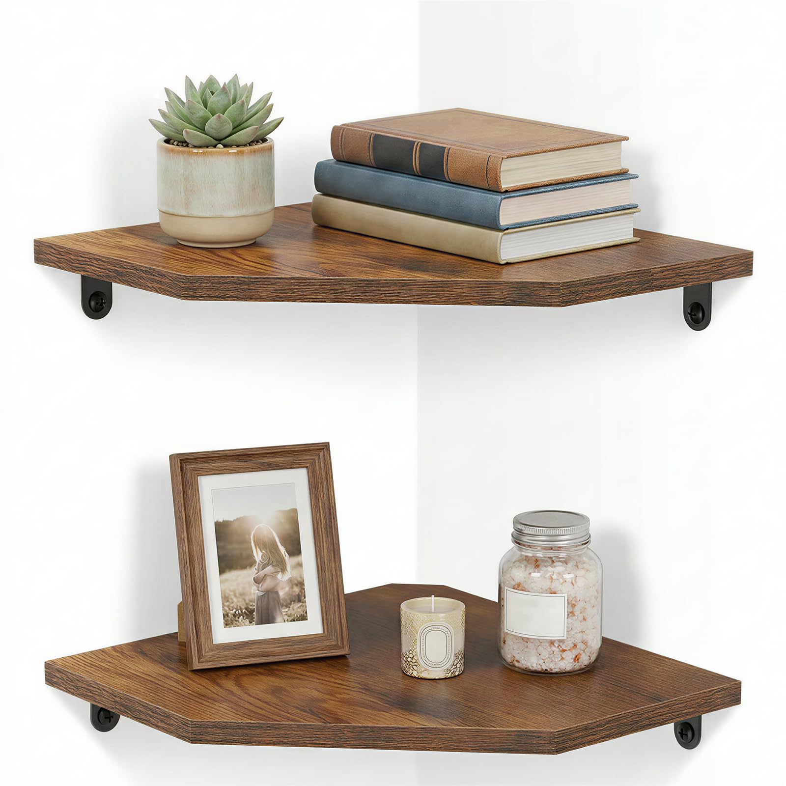 Ghshanog 2 Pack Corner Shelf Wall Mounted, Floating Corner Shelves, Wood Grain Hanging Display Shelf, 23 CM/9 Inch Storage Organizer for Apartment Bedroom Kitchen Bathroom(Style 1)
