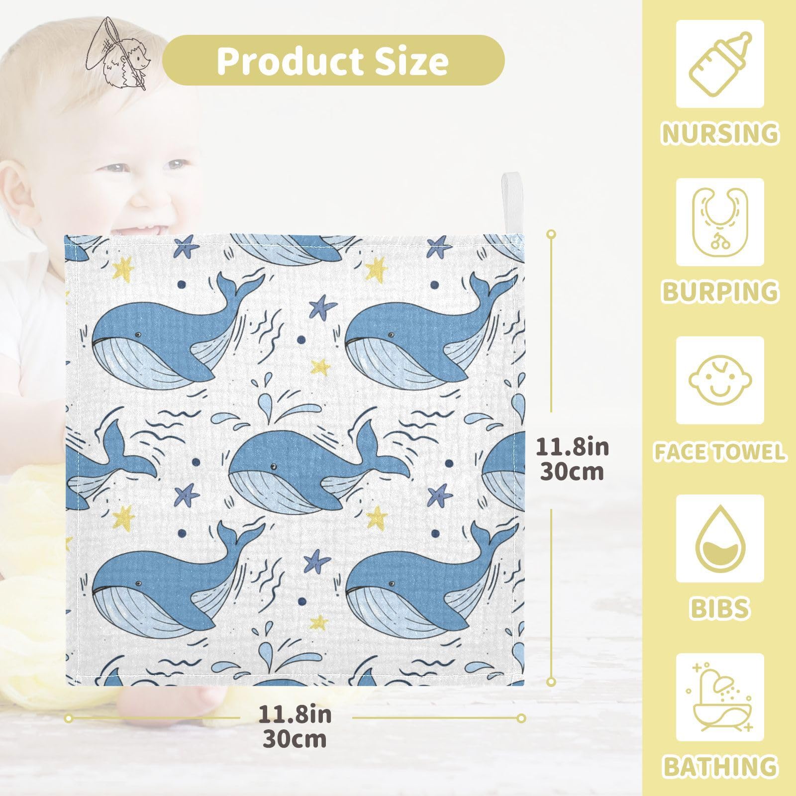 Kigai Cute Blue Whales Baby Washcloths,5pcs Ultra Soft Absorbent Towel,Newborn Bath Face Towel, Natural Reusable Baby Wipes for Sensitive Skin, Baby Registry as Shower