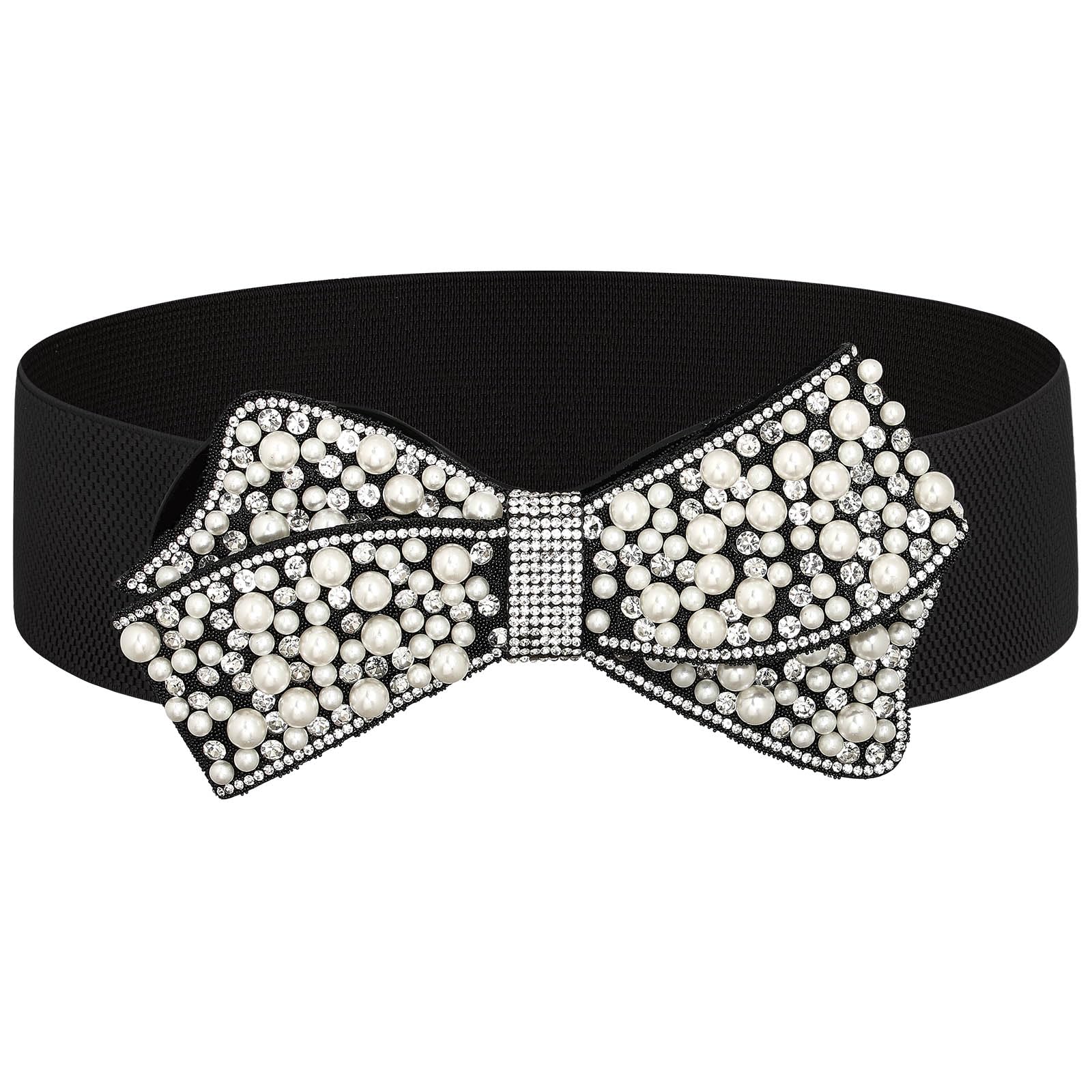 Wriidy Elastic Pearl Belt Women Black Rhinestone Bow Tie Stretch Belts Sparkly Crystal Wide Waist Belts for Dress