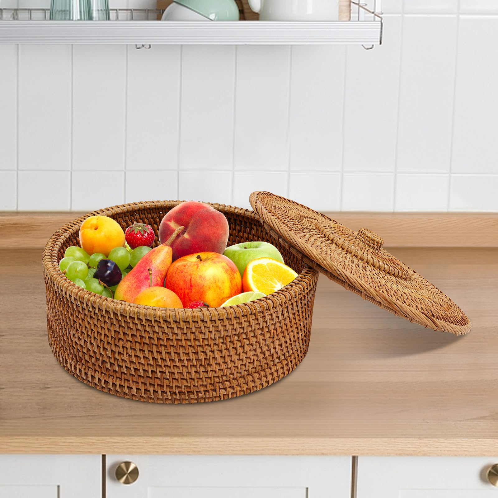 Runder Rattankorb mit Deckel, Gewebtes Aufbewahrungsbox aus Ratten, Tortilla-Korb, Handgefertigter geflochtener Korb für Brot, Gemüse, Obst, Snack (30 x 13cm) Küche, Haushalt & Wohnen