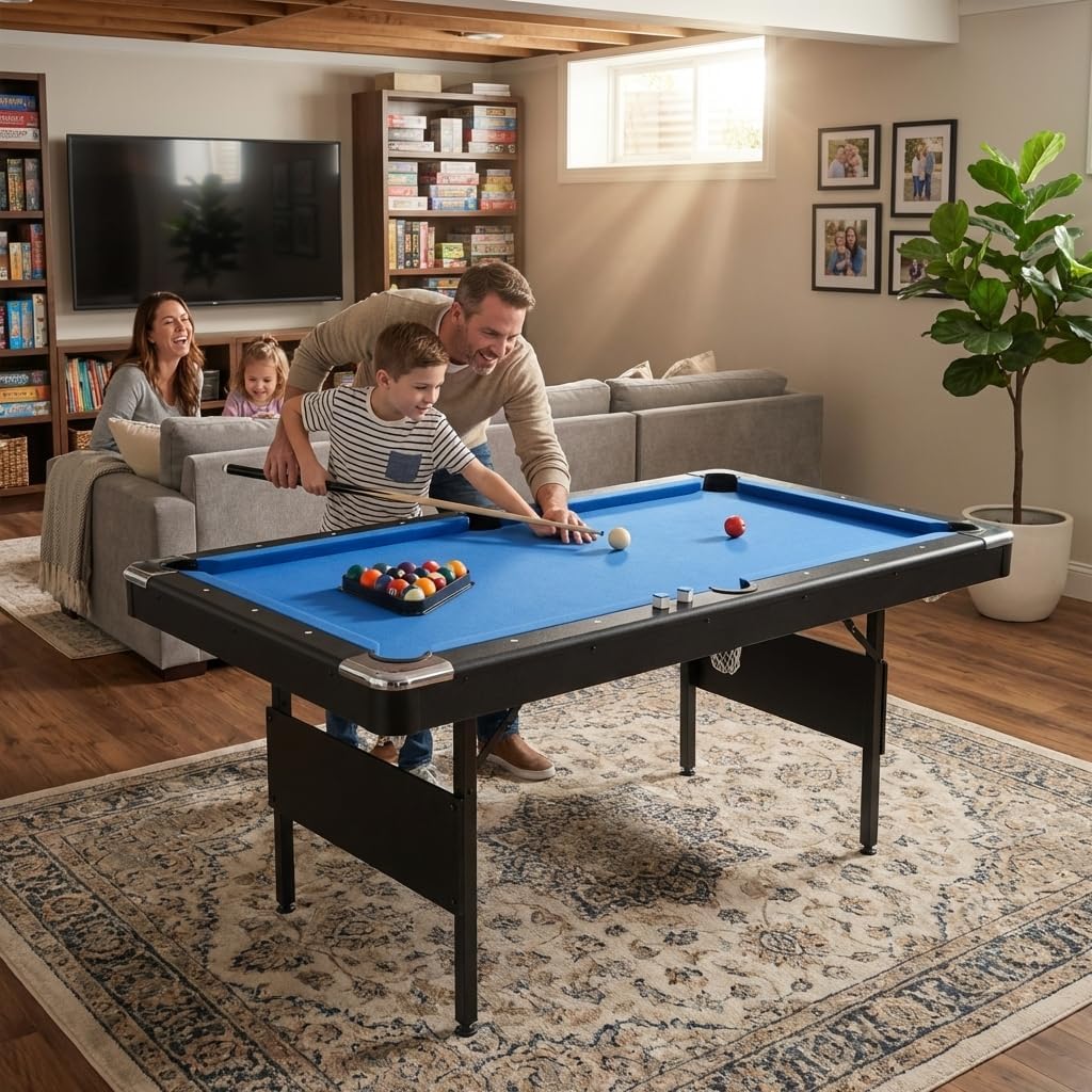6 ft Foldable Pool Table with Steel Frame, Children's Pool Table, Billiard Game Table with Safety Anti Collapse Locks for Kids Includes Full Set of Balls, 2 Cue Sticks, Chalk and Felt Brush