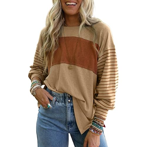 Dokotoo Long Sleeve Fall Tops Oversized 2024 Trendy Round Crew Neck Casual Color Block Womens Shirts Blouses