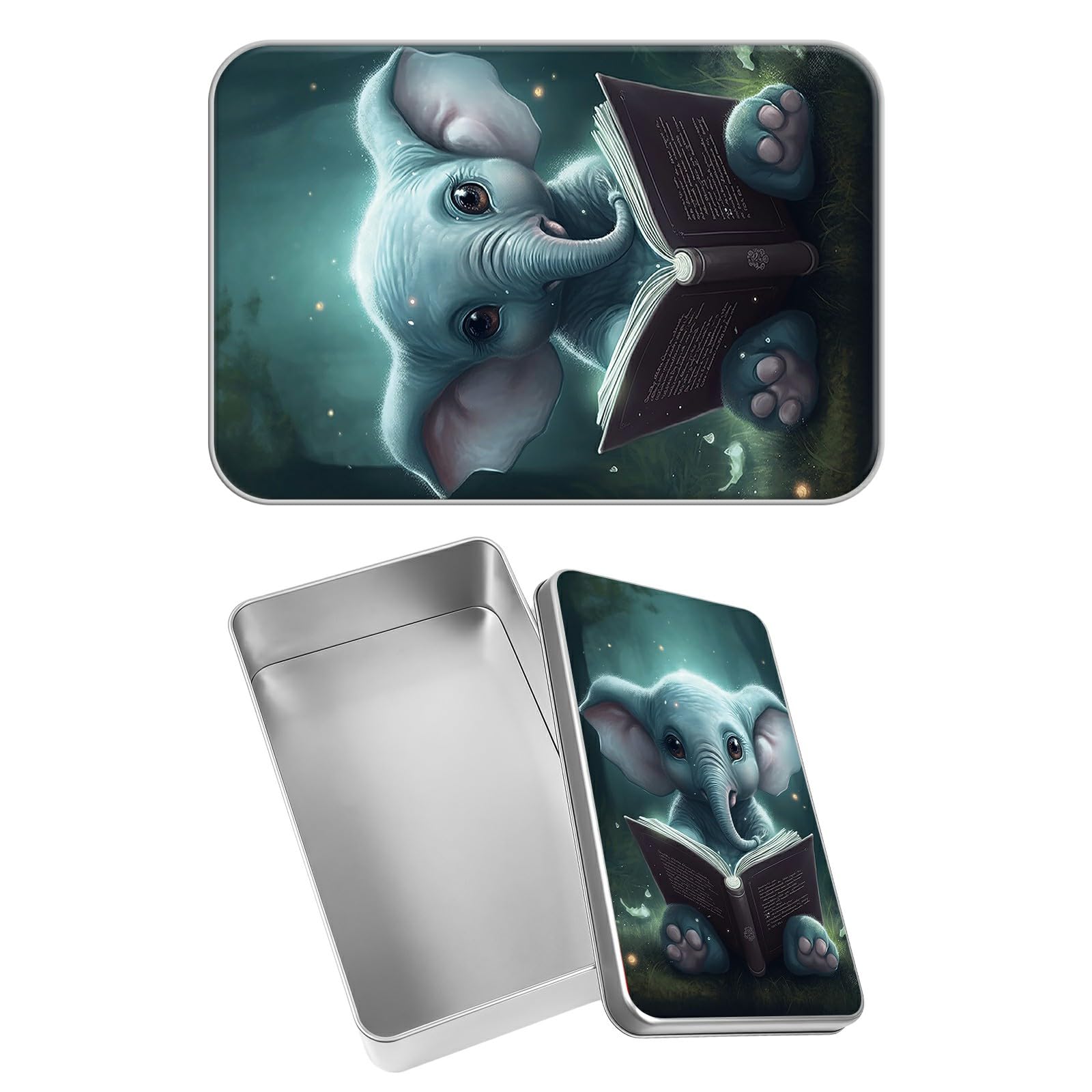 Rectangular Metal Tin Box with Removable Lid, Baby Elephant Book Decorative Printed Metal Storage Container for Sweets Jewelry Tea Candies Cakes 7 x 4.33 x 2.17 inch– Single Pack