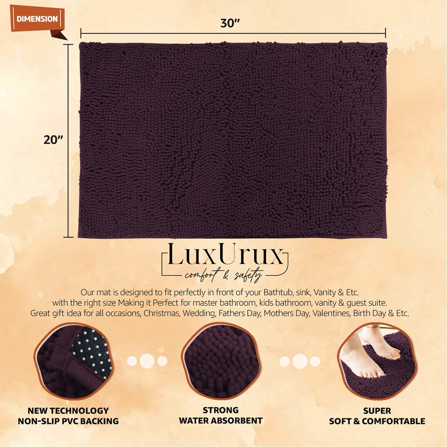 LuxUrux Bath Mat-Extra-Soft Plush Bath Shower Bathroom Rug,1'' Chenille Microfiber Material, Super Absorbent Shaggy Bath Rug. Machine Wash & Dry (20 x 30, Plum)