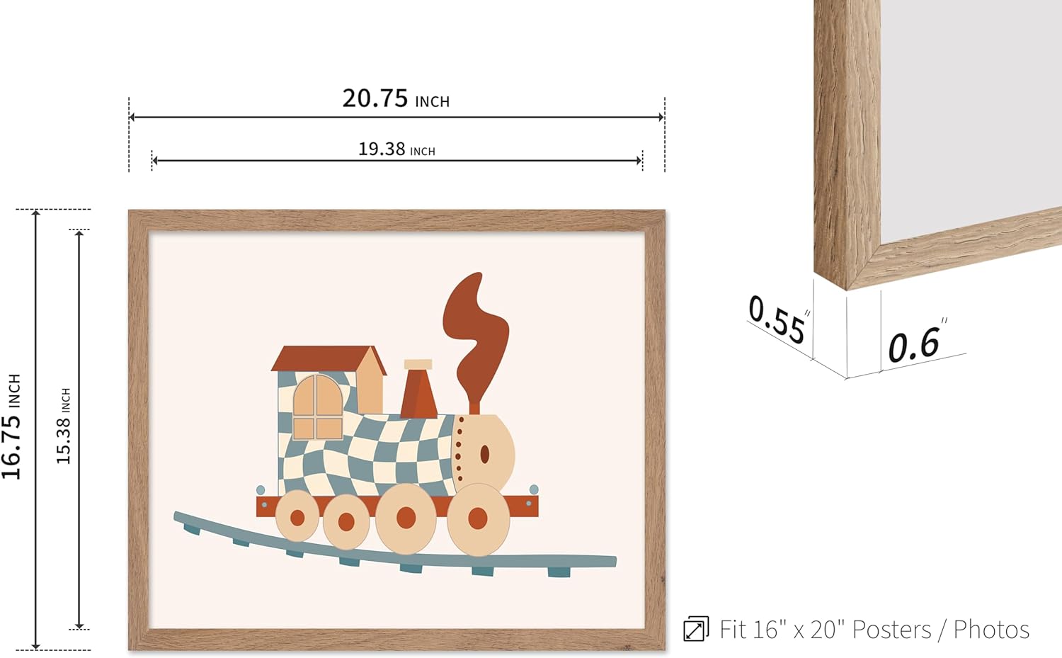 Poster Master Cartoon Train Print - Nursery Poster - Cute Steam Train Art - Pastel Color Wall Design - Toddler Playroom Art - Boho Kid's Room or Nursery Wall Decor - 16x20 Beige Framed