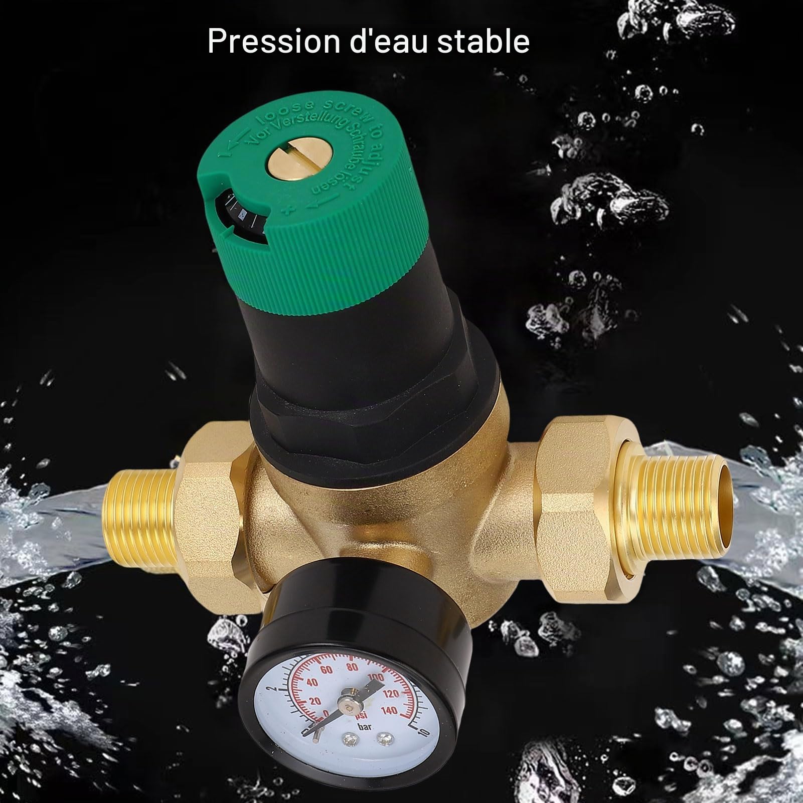 Régulateur de Pression de L'eau avec des Jauges de 0 à 60 MPA, du Réducteur de Pression D'eau en Laiton Vanne de Régulateur de Pression D'eau pour les (3/4 de pouce (DN20))