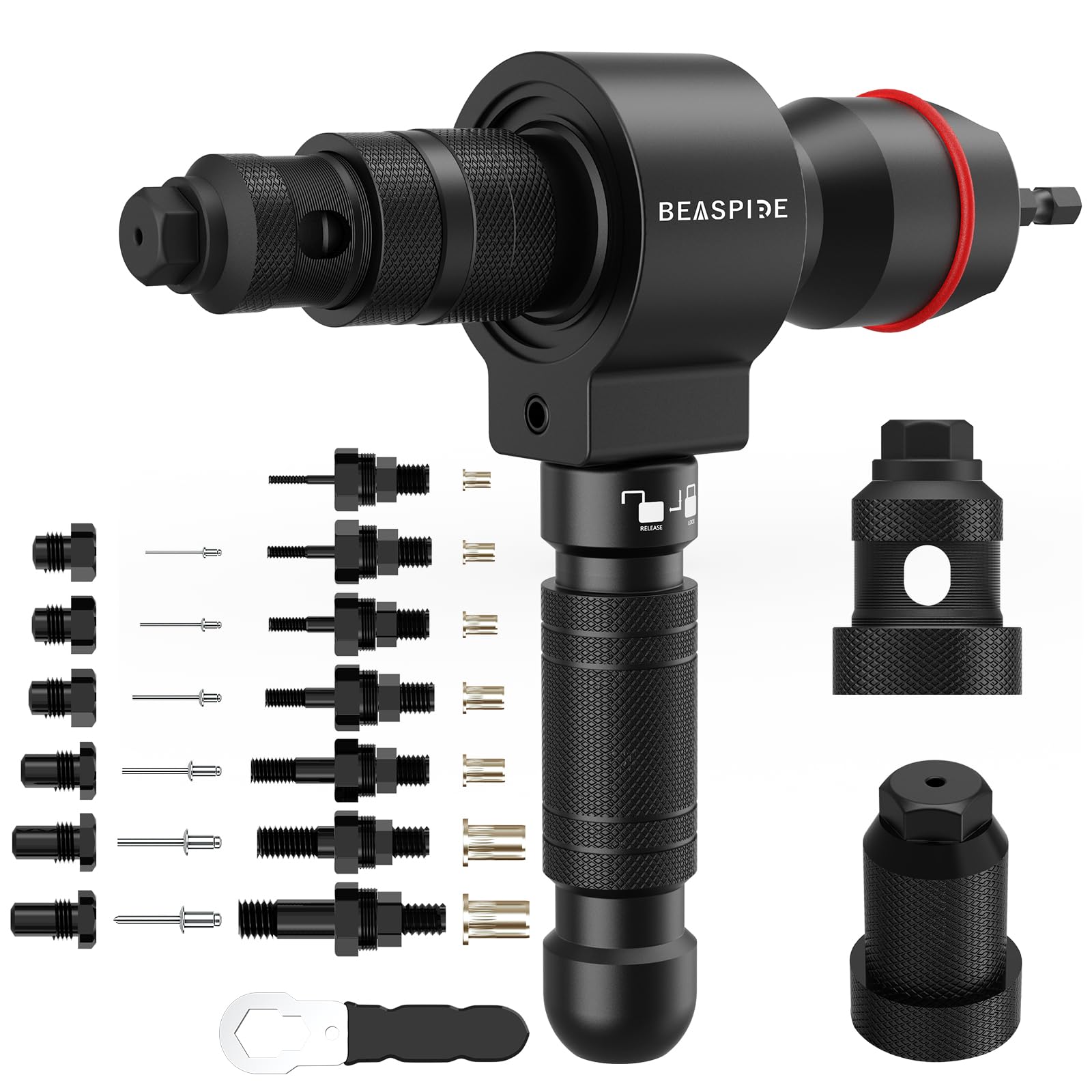 Beaspire Cordless Drill Electric Rivet Gun Adapter, 2-in-1 Rivet Nut Adapter Kit with 7 Metric Mandrels, and 6 Sizes of Rivet Heads, 65Pcs Assorted Rivet Nuts, Carrying Case