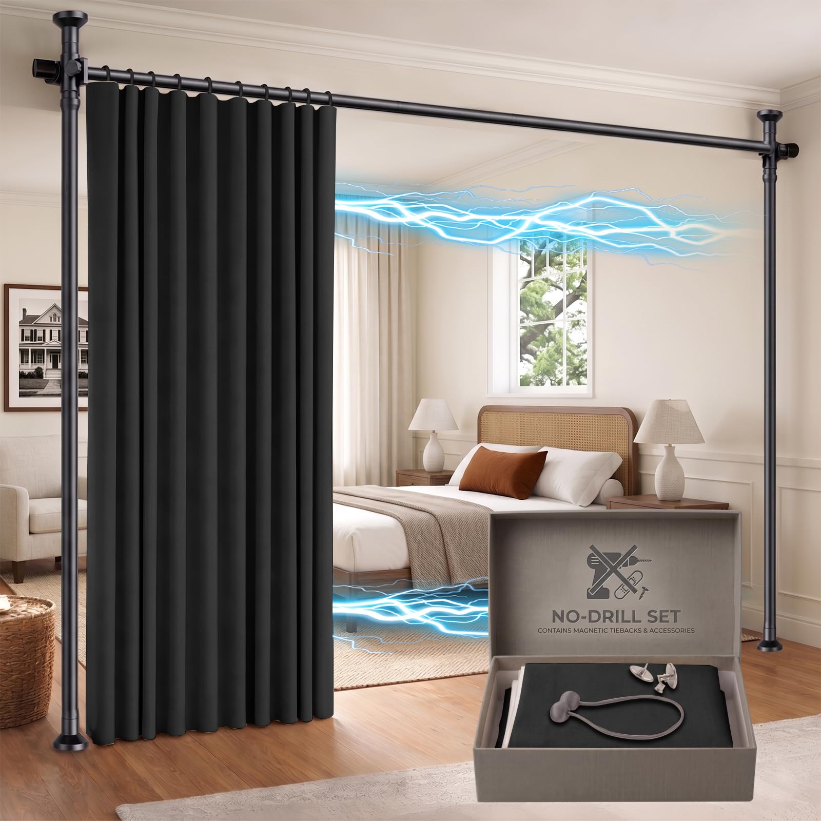 Room Divider Curtains, No Drill Privacy Curtain Set with Retractable Rod, Tool-Free Blackout Room Divider for Bedroom Black-100 W x 84" L(Pack of 1)