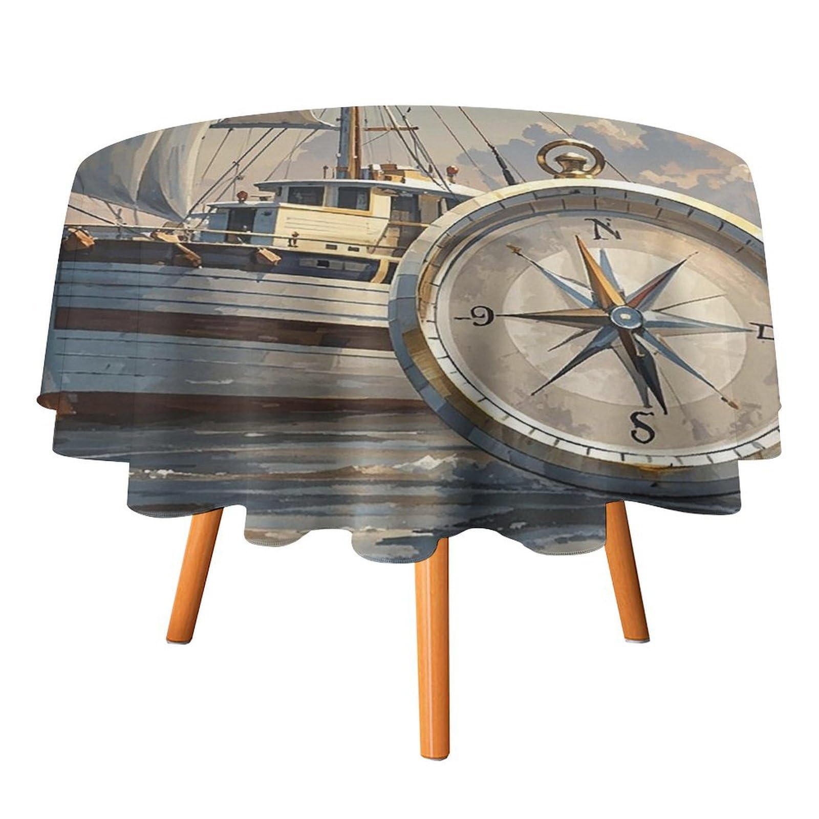 SMAZDFXX Ship and Compass Tablecloth 50x50in Round Table Cloth Durable Polyester, Washable Stain Resistant Table Cover for Indoor Outdoor (Picnic, Dining, Party)