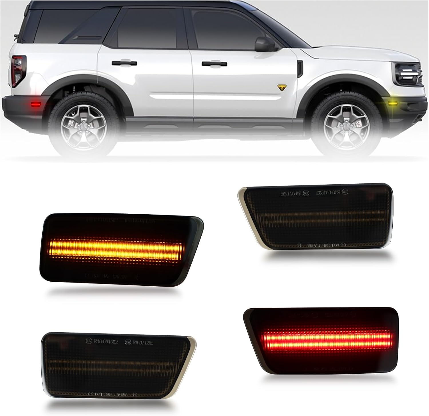 Smoked LED Side Marker Lights Kit for Ford Bronco Sport 2021-2024 Front (Amber) & Rear (Red) Turn Signal Lamps – Direct Replacement Side Marker Bumper Lights 4PC Smoked LED Side Marker Lights Kit for Ford Bronco Sport 2021-2024 Front (Amber) & Rear (Red) Turn Signal Lamps – Direct Replacement Side Marker Bumper Lights 4PC