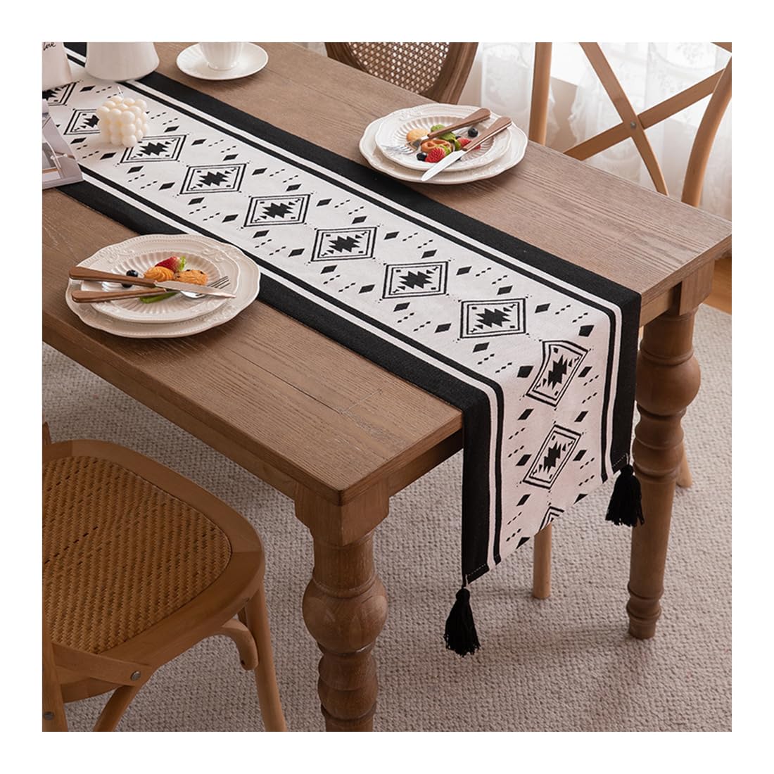NIUSABOU Kitchen Dining TableDecoration, Black And White Table Runner With Tassel, Coffee Cover, For Party, 35x140-300cm(C,35x200cm(13.7x78.7in))