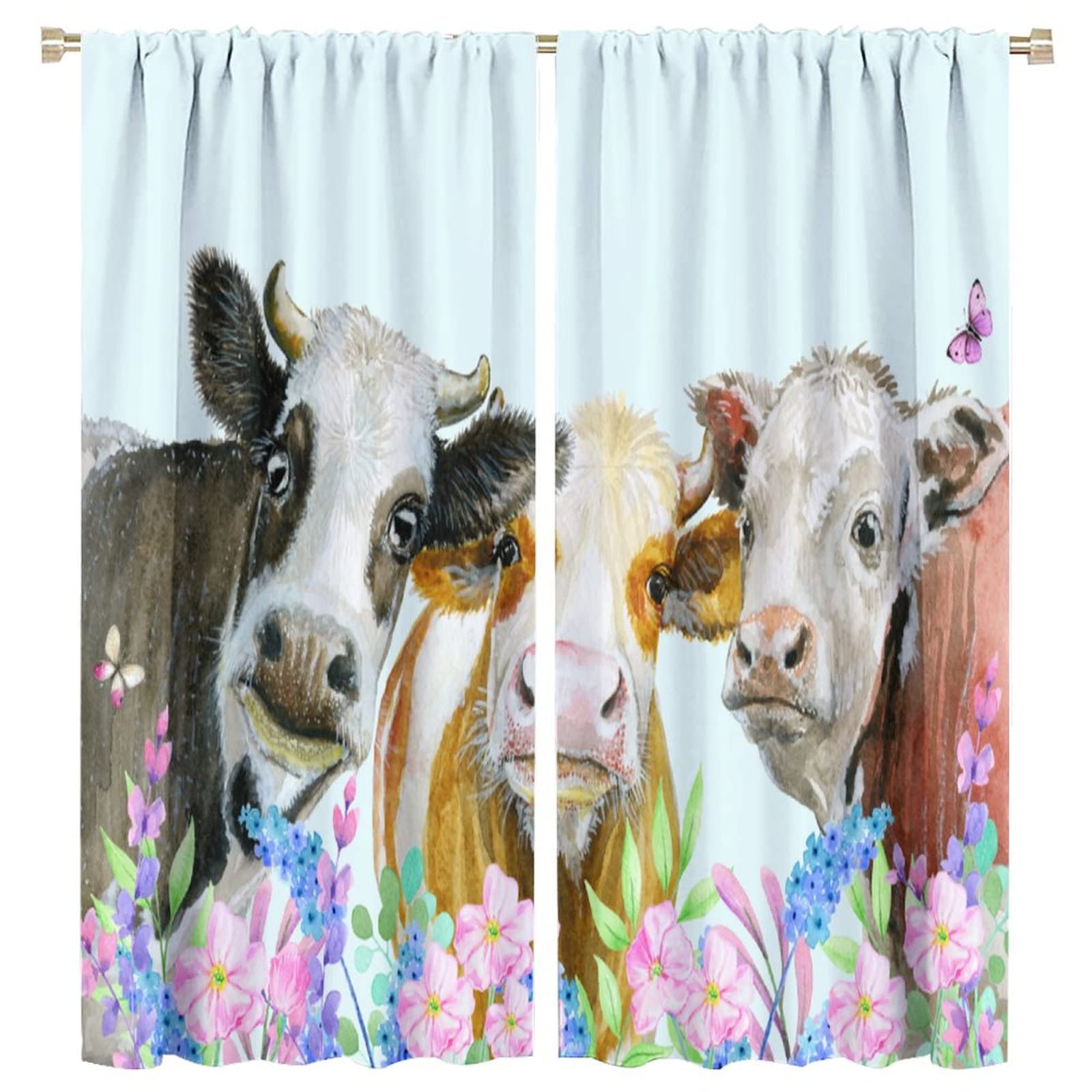 JESTRONRY Farmhouse Cow Curtains,Funny Farm Animal Cow and Flowers Print Rod Pocket Window Treatments Curtains for Living Room Bedroom Kitchen W63xL72in