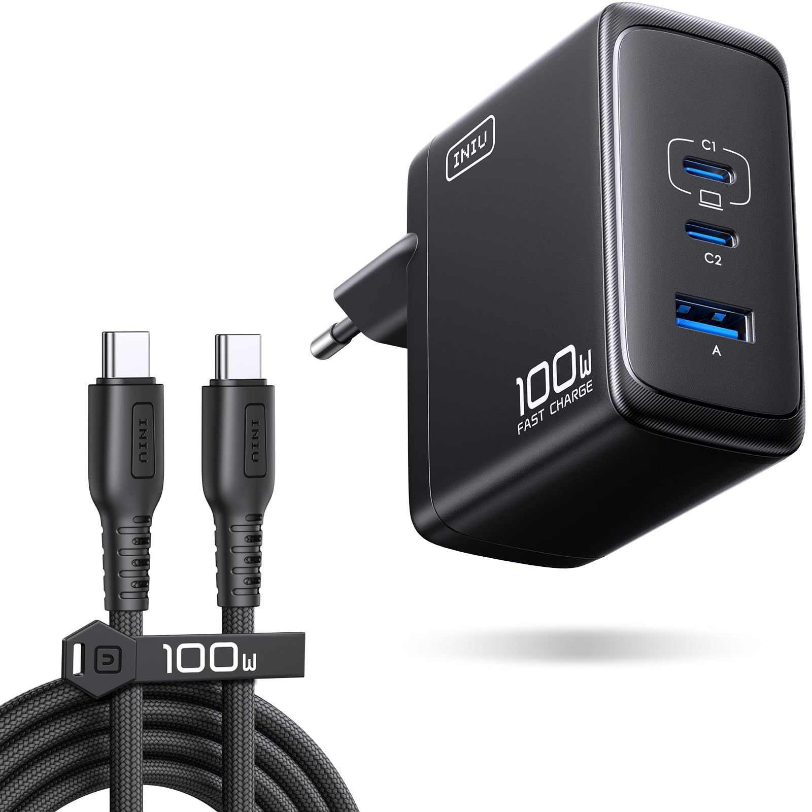 INIU 100W USB C Caricatore, GaN Multiplo Presa USBC Caricabatterie, Alimentatore Rapido Compatto con Cavo per MacBook Pro Air iPad, iPhone 17 16 15 Pro Max, Samsung S25 S24 Ultra, Switch 2, Xiaomi 15