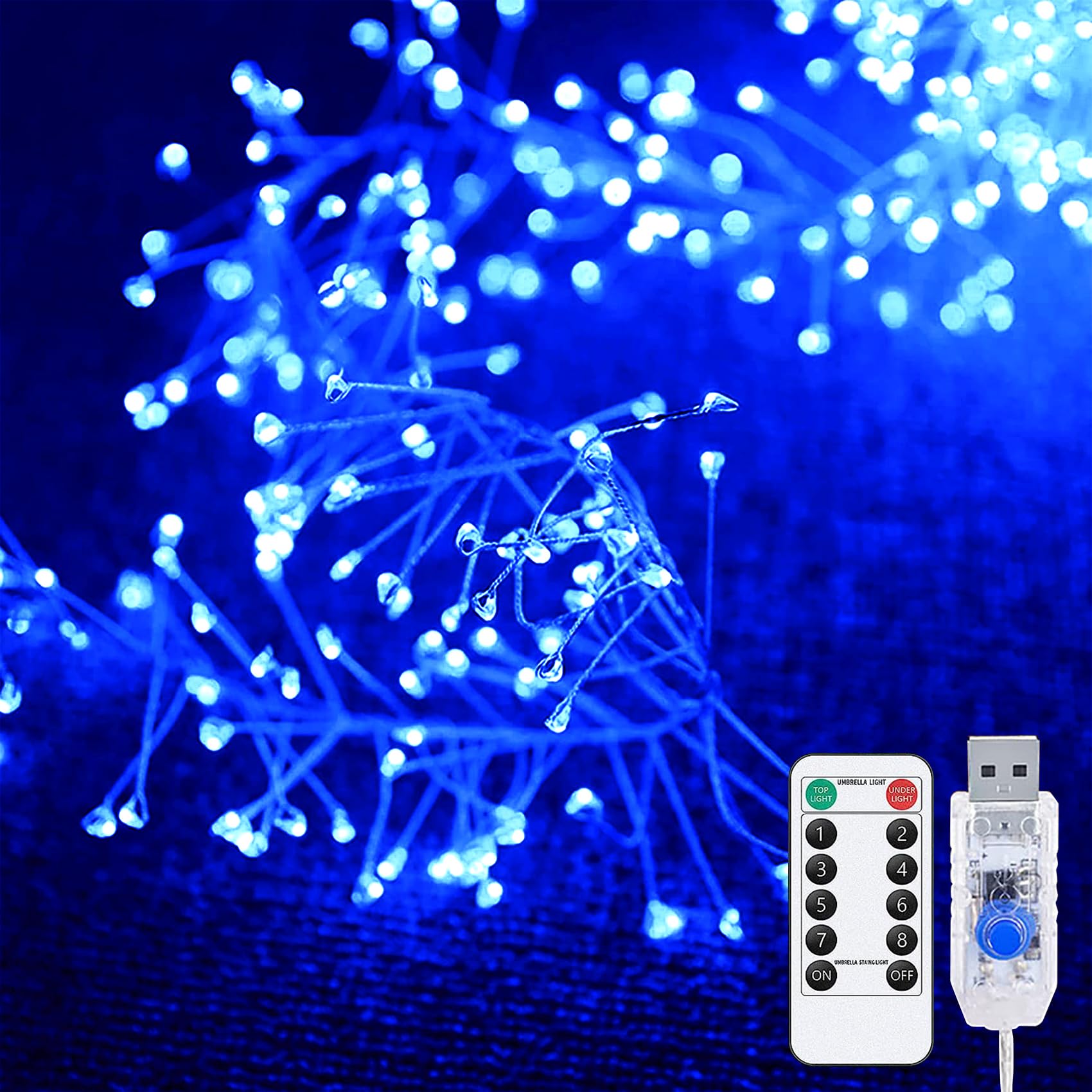 DINOWIN 19.8Feet 200 LED Starry Lights USB Powered Waterproof Cluster Lights Copper Wire Fairy Light Firecracker String Light for Ceiling Bedroom Wreath Window Wedding Christmas Tree (Blue)