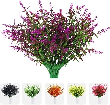 CYANLUX Artificial Lavender Fake Flowers, 12 Bundles UV Resistant Outdoor Faux Plastic Flowers Plants Greenery Shrub for Indoor Outside Home Garden Wedding Decoration 12, Fuchsia