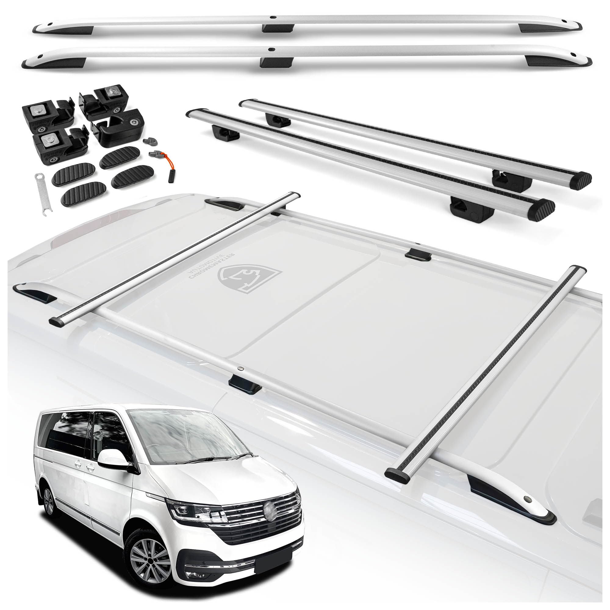 CHROMEMASTER | Kit Rails de Toit et Barres de Toit Compatible avec VW Multivan T6.1 L2 Long 2019-2022 | Système de Porte-Bagages de Toit pour Voiture | Montez Un Panier de Toit ou Un Coffre de Toit