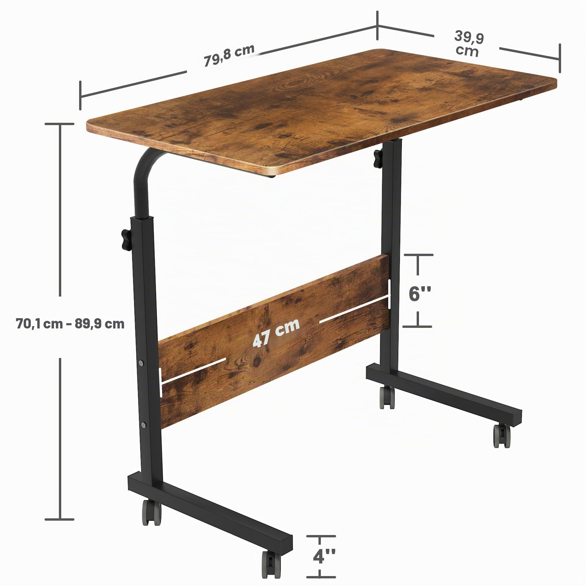 soges Tavolino per computer portatile con ruote, regolabile in altezza, per PC portatile, supporto per computer portatile, per letto e divano, 80 x 40 cm