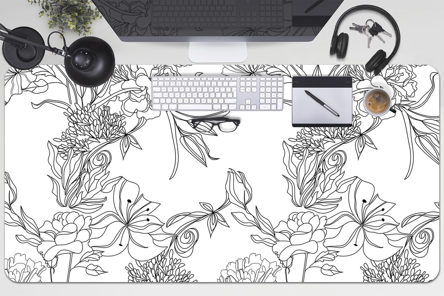 Tappetino da Scrivania 100x50 cm Protezione e Decorazione in Vinile PVC Antiscivolo Impermeabile Facile da Pulire Superficie Protettiva per Ufficio e Casa - Fiori bianchi e neri