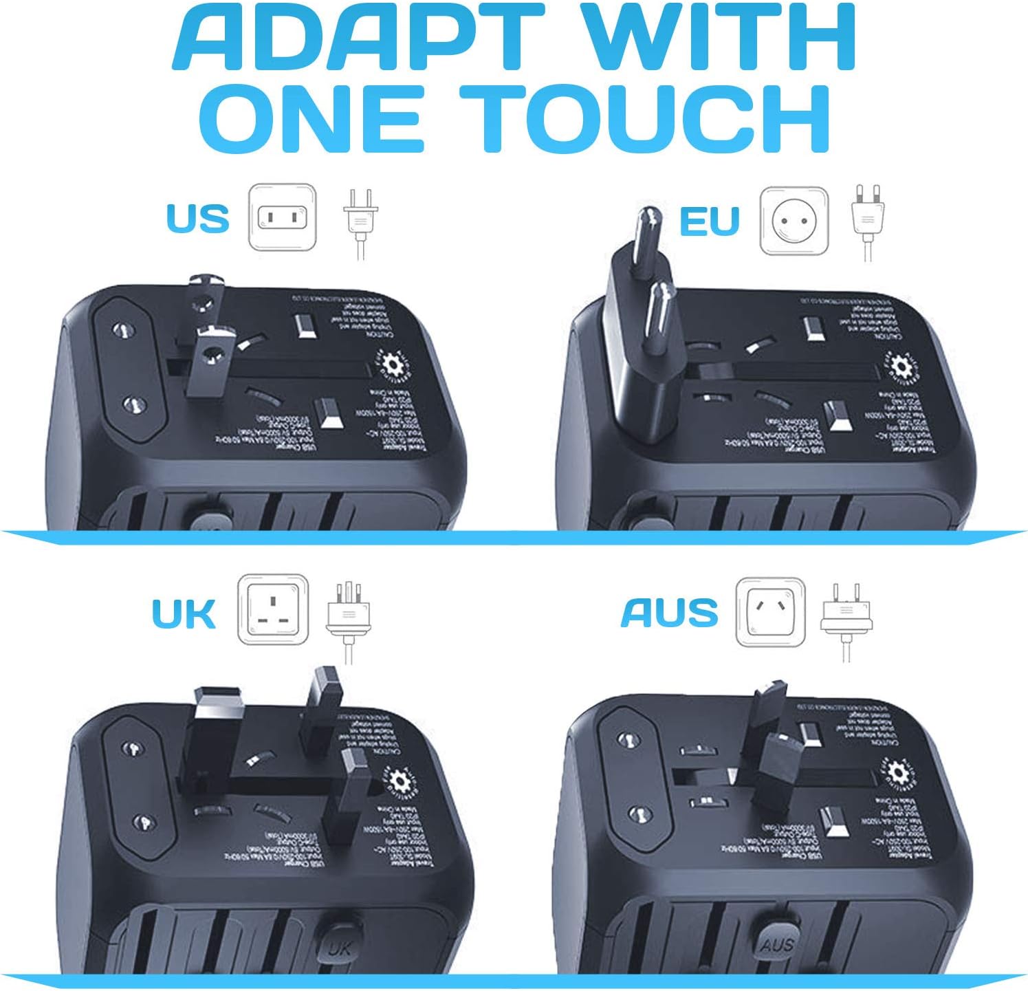 Universal Travel Adapter - International Worldwide Plug Kit, Type C + 3 USB Power Charger, 200 Countries - UK, European, Asia, Israel, India, Italy, Argentina, France, New Zealand, Australia and etc.