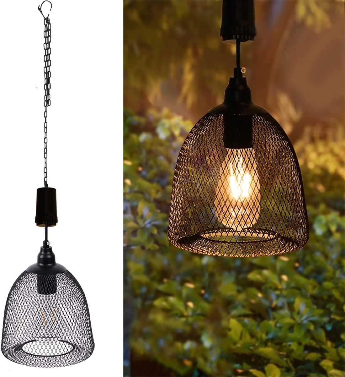 Lámpara colgante con pilas, lámpara de decoración retro, lámpara de malla de metal negro, luces Edison con temporizador de 6 horas, lámpara colgante