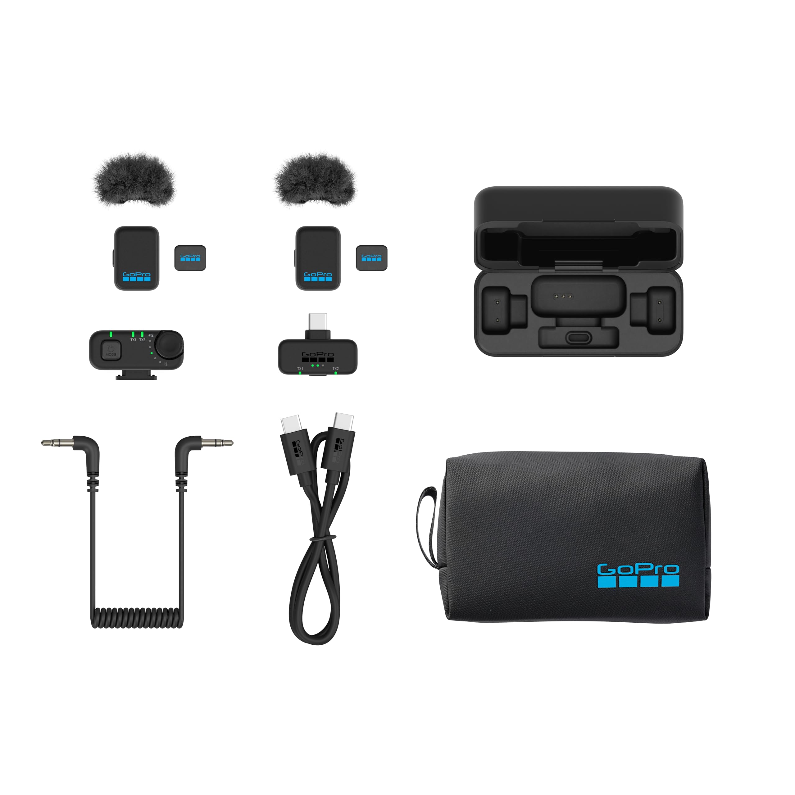 GoPro Wireless Mikrofon Komplett-Set (2 TX, 2 RX, Ladecase) – Für GoPro/Kamera/iPhone/Android, ultrakompakt, hohe Audioqualität, Geräuschunterdrückung, Gain-Regelung, Vlogging