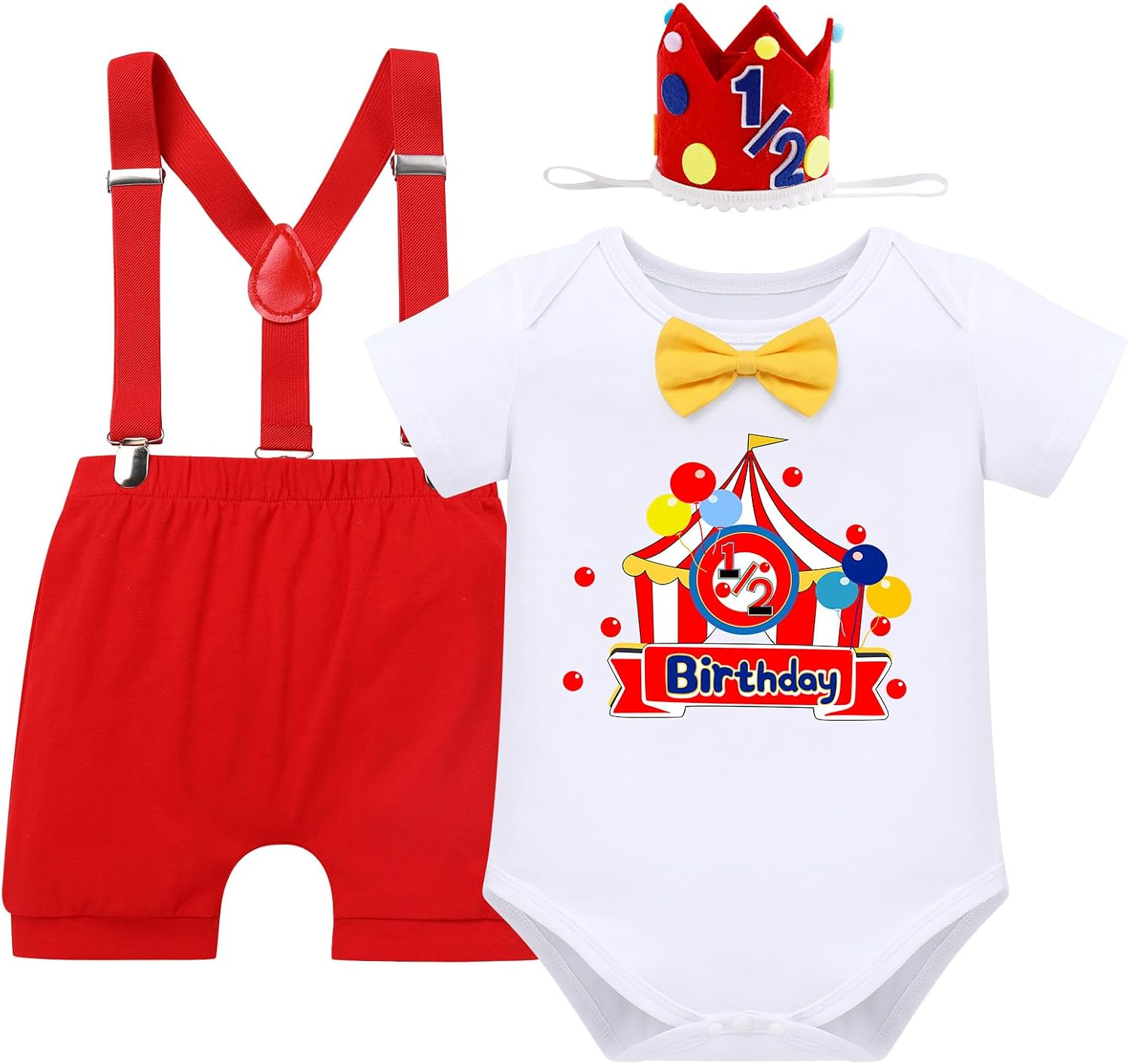 Baby Boy Half Birthday Outfit, 1/2 Birthday Circus Carnival Outfit, Clown Short Sleeve Bodysuit Shorts Crown Clothes