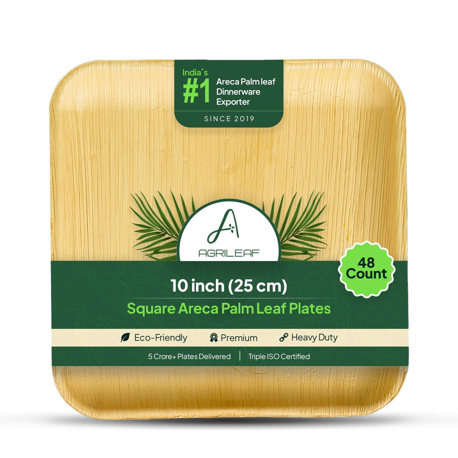 AGRILEAF 10" Square Areca Palm Leaf Plates (48-Pack) | Better Than Paper & Bagasse | Eco Friendly, Compostable| Microwave & Freezer Safe | Strong & Sturdy | Use & Throw | Parties, Events, Weddings