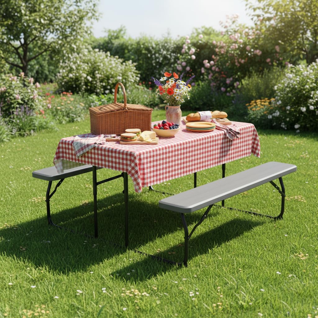 Giantex 4.5 FT Folding Picnic Table Bench Set- Outdoor Dining Set for 4-6 Persons w/All-Weather HDPE Tabletop, Metal Leg, Large Outside Dining Table for Lawn Patio Garden Yard Poolside, Grey
