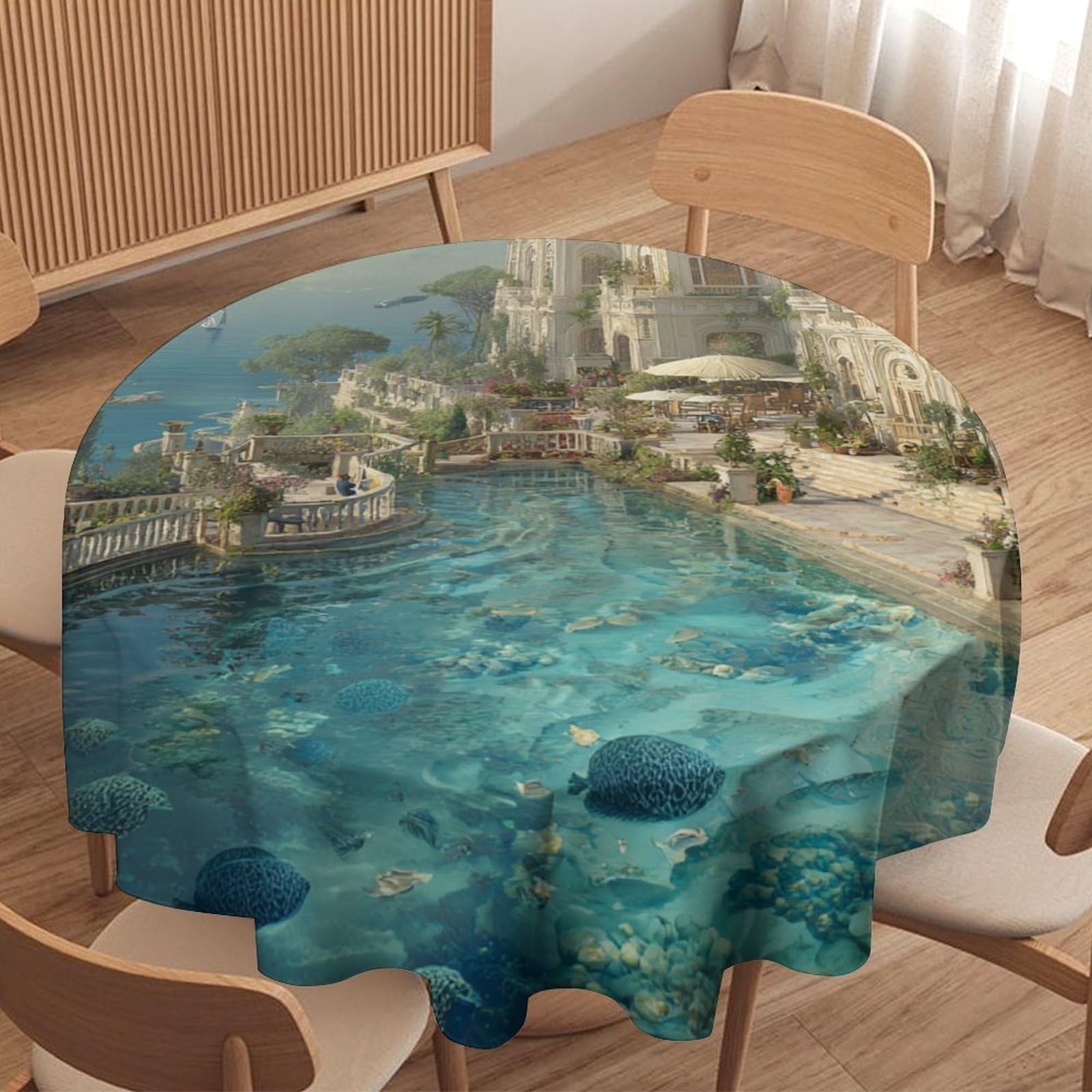 LUYYSKY Beautiful Colorful Ocean Seaside Waterproof Round Tablecloth Fantasy Classic Nautical European Architecture Pattern Washable Table Cover for Kitchen-127 Wx127 L cm